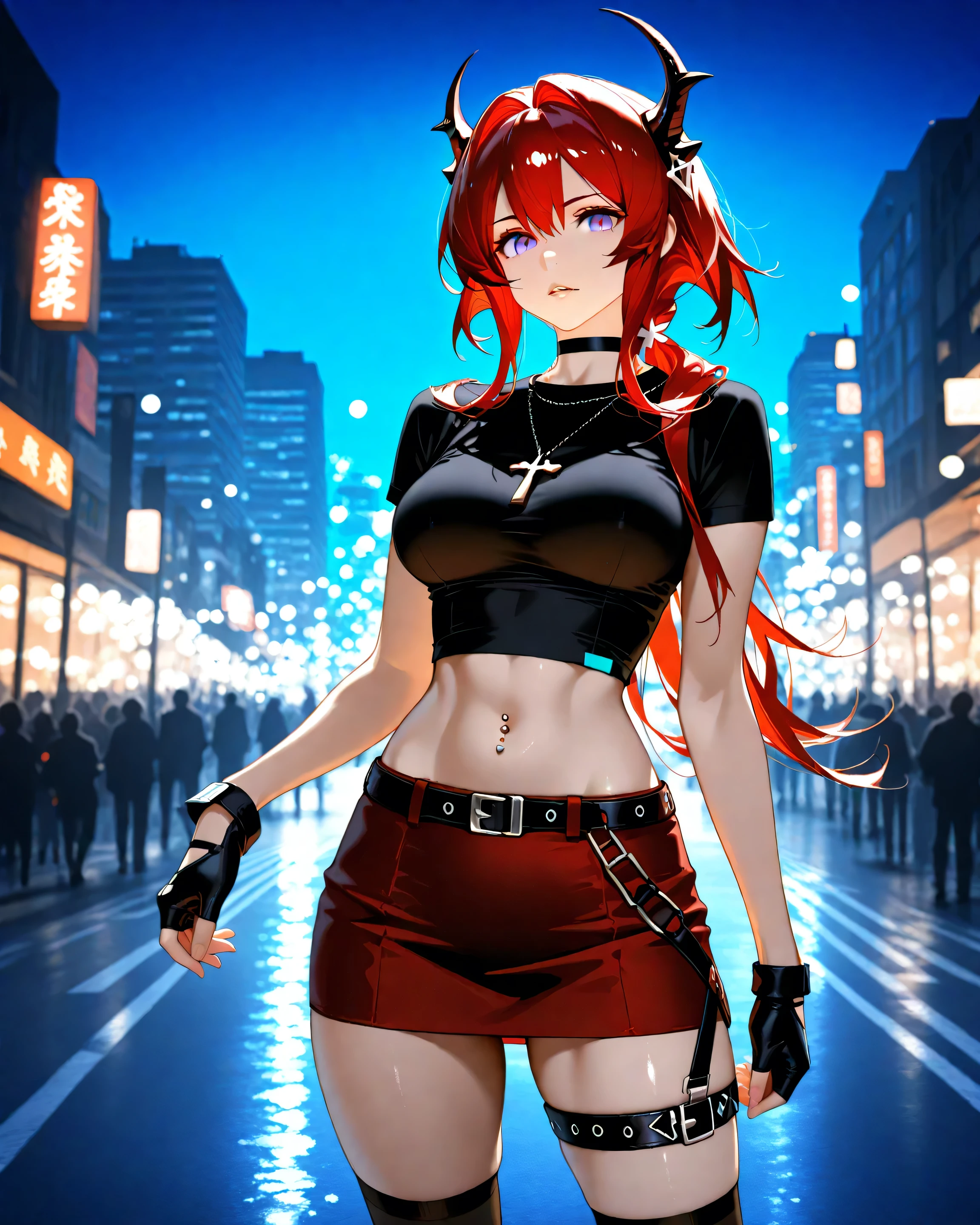 {{super detail, best quality, anatomically correct, textured skin, high quality, high details, highres, masterpiece, best quality}}, cowboy shot, 1girl, solo, surtr (arknights), long hair, red hair, horns, high ponytail, purple eyes, medium breasts, thigh strap, black belt, black gloves, fingerless gloves, black shirt, cross necklace, black choker, black socks, black footwear, loafers, kneehighs, midriff, red skirt, {{short sleeves, mini skirt}}, makeup, (solo:1.1), (mature woman:1.2), beautiful face, (detailed eyes), symmetric eyes, (thin lips), (beautiful round breasts), {navel piercing}, voluptuous body, toned, stomach, slim waist, full body, (masterpiece, best qualty), soft ambient lighting, standing, front view, city street background, buildings, vivid colors, night, dark sky, looking at the viewer, slim waist, HD, 8K, vivid colors, intricate, (absurdres:1.2), bokeh, (sharp focus) ((detailed face)), facial details, (pov thighs)