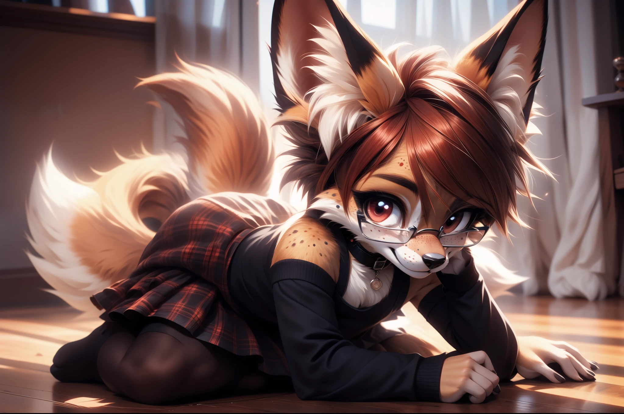 solo,1girl, fur realistic, ultra realistic, fox furry small loli, with short dark red hair, beautiful red eyes, cute freckles, wearing square glasses, very fluffy bushy tail, smug grin, small ears , very young body, flat chest, innocent ,very Young slim, skinny body, feminine girl, thin, choker, shy girl, shy smile, kneeling on the floor,hand on her head head as she is thinking hard, thinking hard, glasses, tail, small, young, big eyes, wearing a modest goth dress with long sleeves and plaid skirt and black long socks, choker, hands shaping a hear