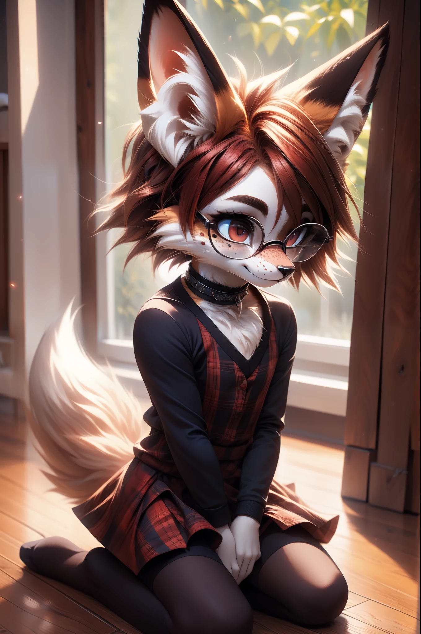 solo,1girl, fur realistic, ultra realistic, fox furry small loli, with short dark red hair, beautiful red eyes, cute freckles, wearing square glasses, very fluffy bushy tail, smug grin, small ears , very young body, flat chest, innocent ,very Young slim, skinny body, feminine girl, thin, choker, shy girl, shy smile, kneeling on the floor,hand on her head head as she is thinking hard, thinking hard, glasses, tail, small, young, big eyes, wearing a modest goth dress with long sleeves and plaid skirt and black long socks, choker, hands shaping a hear
