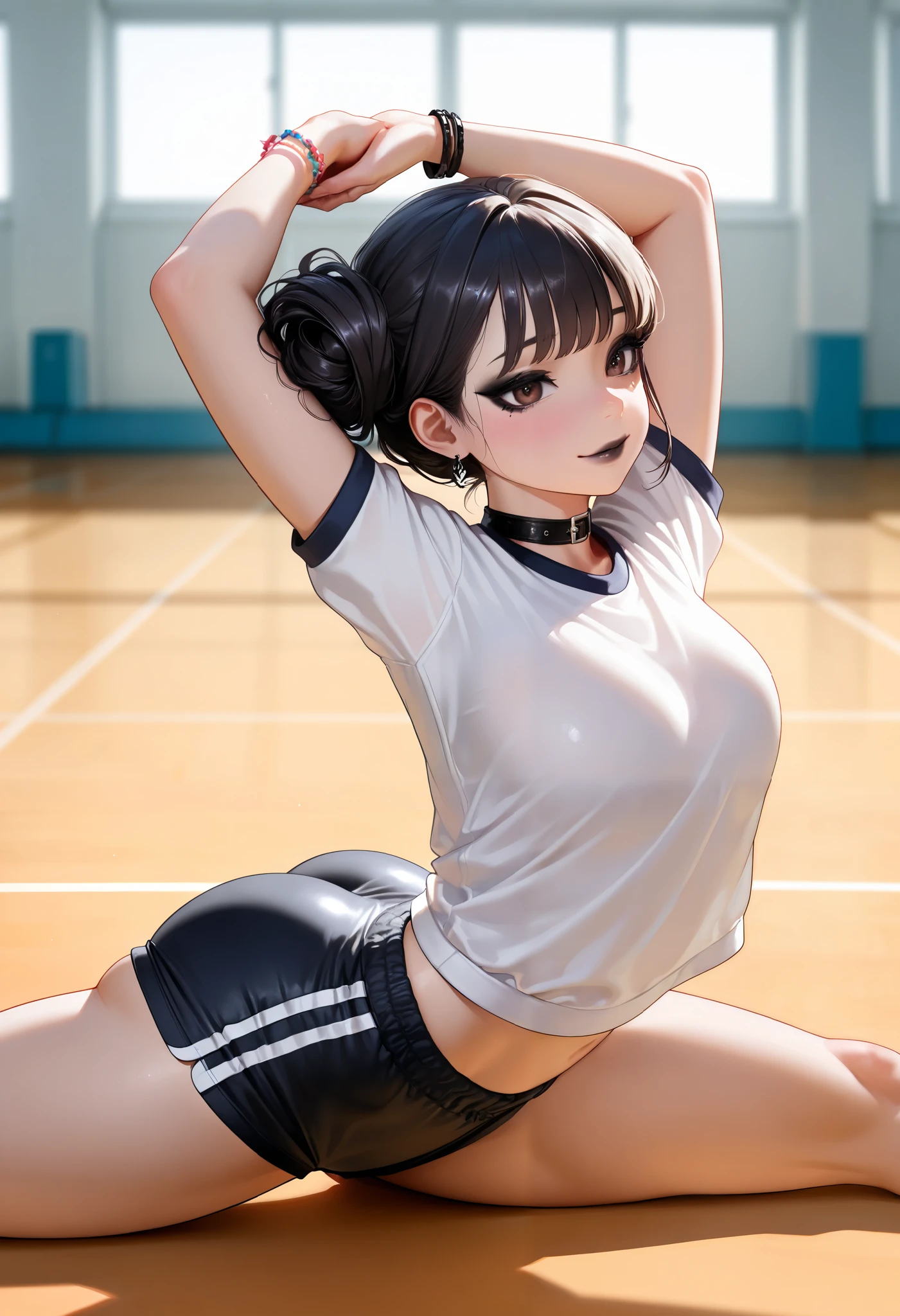 ((最高品質)), ((傑作)), (詳しい), 完璧な顔,1girl,house wife, thicc,curvy,30 years old,glasses,(((from front,front face))),(((foot focus))),from below,break,(((squatting,spread legs,turn knees out))),((arms behind back,hands on floor)),updo hair,chignon,((looking at viewer)),((moody face)),(bashful,embarrassed),(((condom in mouth))),Break,volleyball uniform,Long Sleeves, thin leotard,(covered nipples:1.3), (cameltoe:1.3),extremely detailed pussy,pubic hair,(thighhighs),(thin leotard,volleyball uniform,pubic hair:1.3)