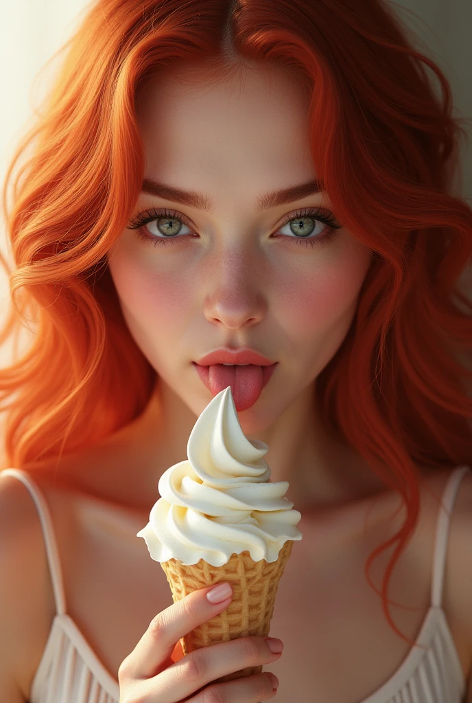 Une femme rousse sexy, au charme ensorcelant, déguste une glace avec une sensualité délibérée. Ses cheveux flamboyants, d'un rouge profond et brillant, encadrent son visage, tombant en mèches douces sur ses épaules. Elle est vêtue d'une tenue estivale, peut-être une robe légère qui met en valeur sa silhouette élancée et ses courbes naturelles.
Elle tient la glace avec délicatesse, et son regard séduisant, se pose sur l'objet de son plaisir. D'une langue habile et délicate, elle lèche la glace, savourant chaque instant avec une lenteur étudiée. Ses lèvres pulpeuses capturent la crème glacée, laissant une trace subtile qui fond rapidement sous la chaleur de sa bouche. Ses yeux mi-clos et son sourire à peine esquissé trahissent le plaisir qu'elle prend à ce jeu, rendant la scène encore plus envoûtante.
Autour d'elle, l'atmosphère est vibrante, chez elle par une journée ensoleillée, mais tout semble se concentrer sur ce moment intime et suggestif. Le contraste entre la fraîcheur de la glace et la chaleur de son attitude crée une tension délicieuse, rendant chaque geste de cette femme rousse irrésistiblement captivant.