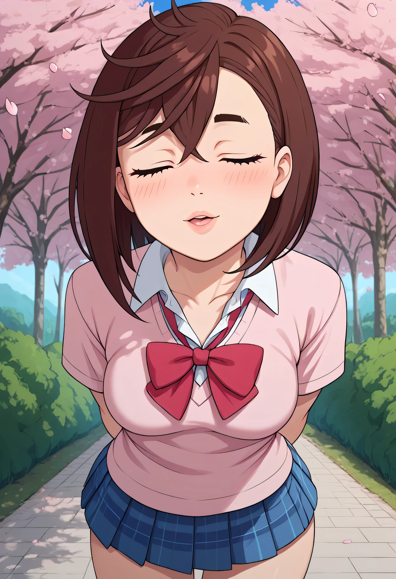momo ayase, ((solo)), blush, short hair, brown hair, closed eyes, thick eyebrows, medium breasts, breasts, collarbone, school uniform, collared shirt, white shirt, short sleeves, plaid skirt, open mouth, arms behind back, standing, leaning forward, cowboy shot, cherry blossoms, outdoors, smile, tight clothes, ((sexy lips)), kiss, kissing, cute