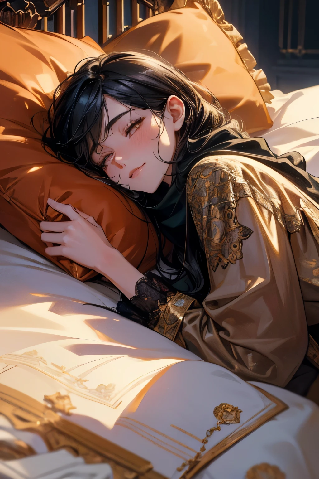 ((Masterpiece:1.2)), (Best Quality), (Photorealistic, Photorealistic:1.37), (Detailed), (Cute Illustration:1.5), (Very Beautiful Woman with Very Cute Smile), (Very Beautiful Symmetrical Face), (Excessively Mature Attractive Woman), (Strong Highlights in Eyes), (High Resolution), (32K), (Very Detailed), (Beautiful Detailed Eyes), (Official Art), {{Masterpiece, Best Quality, Highly Detailed CG, Uniform 8K high resolution, cinematic lighting}}, (beautiful and aesthetic:1.2), (anatomically normal, 8k, 16k, super detailed, aesthetic), (best Illustration), 8K, 3D, joy, airy clean background, aesthetic atmosphere, muted tones, dramatic studio lighting, high contrast, photorealism, full body, (Wearing a trench coat and a scarf), (Woman with long black hair), orange eyes, creating a vibrant impression, away from the camera, anatomically correct, (Night: Gothic girlfriend sleeping in bed wearing silk pajamas)