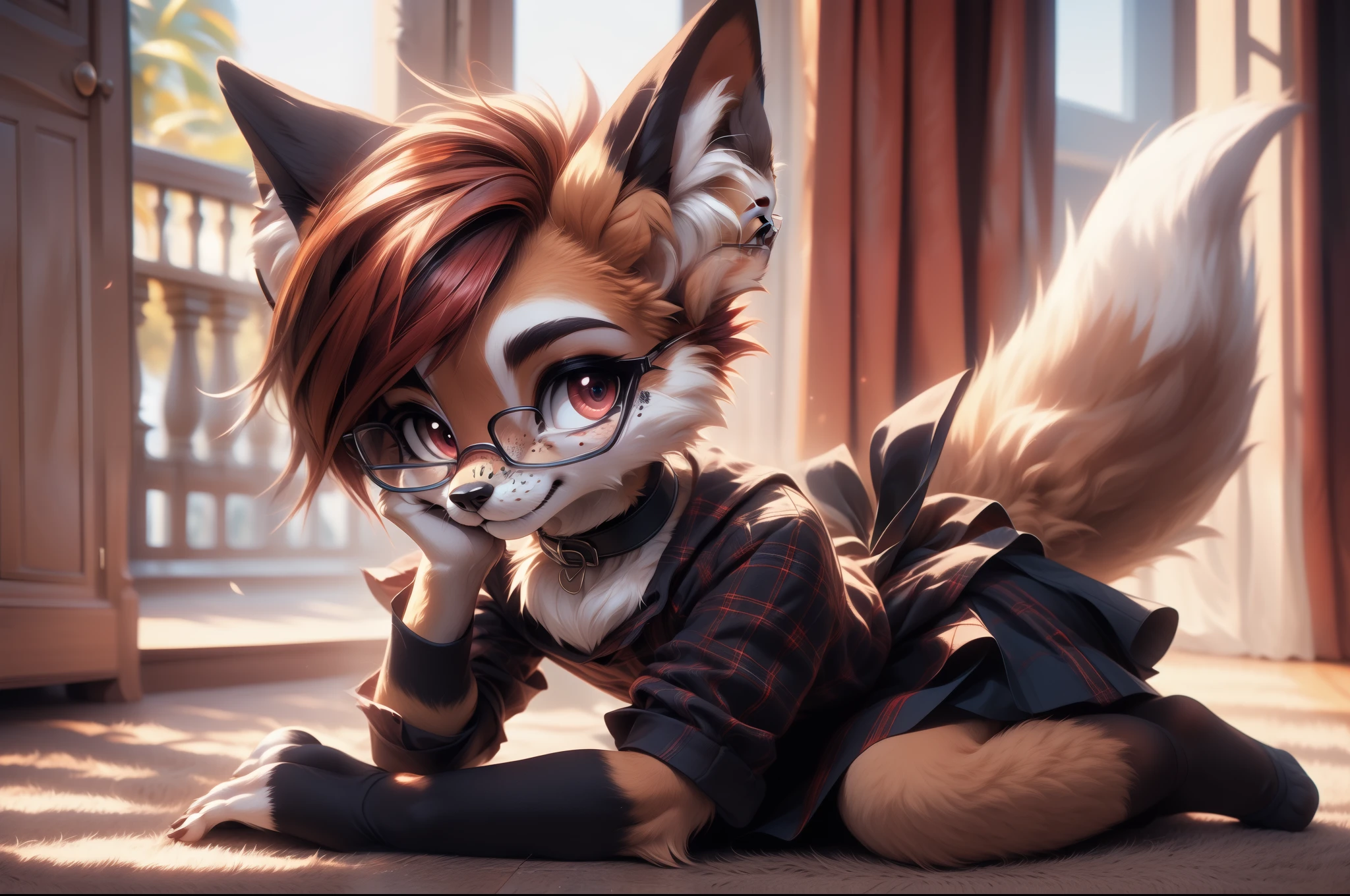 solo,1girl, fur realistic, ultra realistic, fox furry small loli, with short dark red hair, beautiful red eyes, cute freckles, wearing square glasses, very fluffy bushy tail, smug grin, small ears , very young body, flat chest, innocent ,very Young slim, skinny body, feminine girl, thin, choker, shy girl, shy smile, kneeling on the floor,hand on her head head as she is thinking hard, thinking hard, glasses, tail, small, young, big eyes, wearing a modest goth dress with long sleeves and plaid skirt and black long socks, choker, butterfly pose