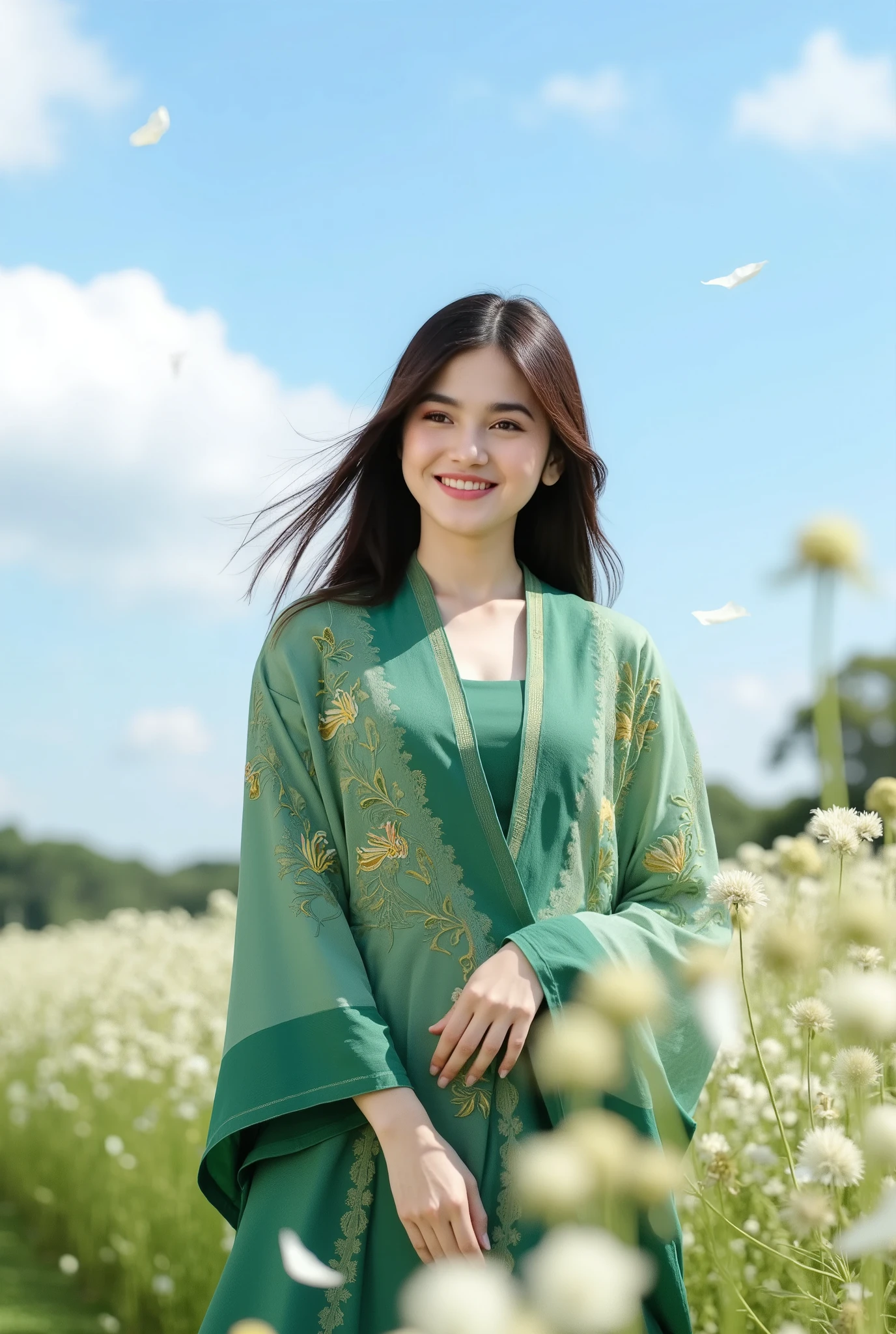 a beautiful woman wearing a traditional Thai outfit called ThaiSivalai,featuring a luxurious sabai (shawl)
of intricately woven silk with detailed embroidery, paired with a gradient green gracefu l long skirt.,
The outfit is green and gold,
She Smiling , look direct camera , Her long hair flutters in the wind.
in a garden of blue pastel flowers under soft sunlight with floral accents, her face relaxed and radiant, capturing the essencenatural elegance
surrounded by flower petals flutter around ,
The sky is blue with white clouds scattered across it. pastel flowers In the background,
The background is softly blurred,
creating a bokeh effect,
with sunlight gently illuminating the scene.
The overall mood of the image is elegant luxury peaceful and serene.
White flower petals fluttering in foreground , the foreground is blurry.
random shot.