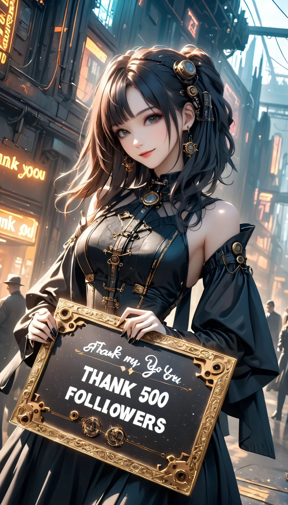 best quality , HD, 16k, Incredibly Dumb , very detailed, 2.5D, delicate and dynamic , a solo sexy girl, ,((holding a sign which says "Thank you 500 followers")) , enchanting smile, , great style , Gothic Black Long Dress , English Style Steampunk,,, cyberpunk, Glitter Effect, A day with my gothic girlfriend, , ,
