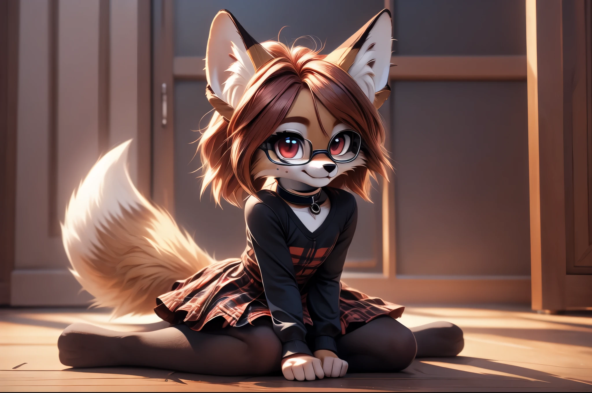 solo,1girl, fur realistic, ultra realistic, fox furry small loli, with short dark red hair, beautiful red eyes, cute freckles, wearing square glasses, very fluffy bushy tail, smug grin, small ears , very young body, flat chest, innocent ,very Young slim, skinny body, feminine girl, thin, choker, shy girl, shy smile, kneeling on the floor,hand on her head head as she is thinking hard, thinking hard, glasses, tail, small, young, big eyes, wearing a modest goth dress with long sleeves and plaid skirt and black long socks, choker, butterfly pose