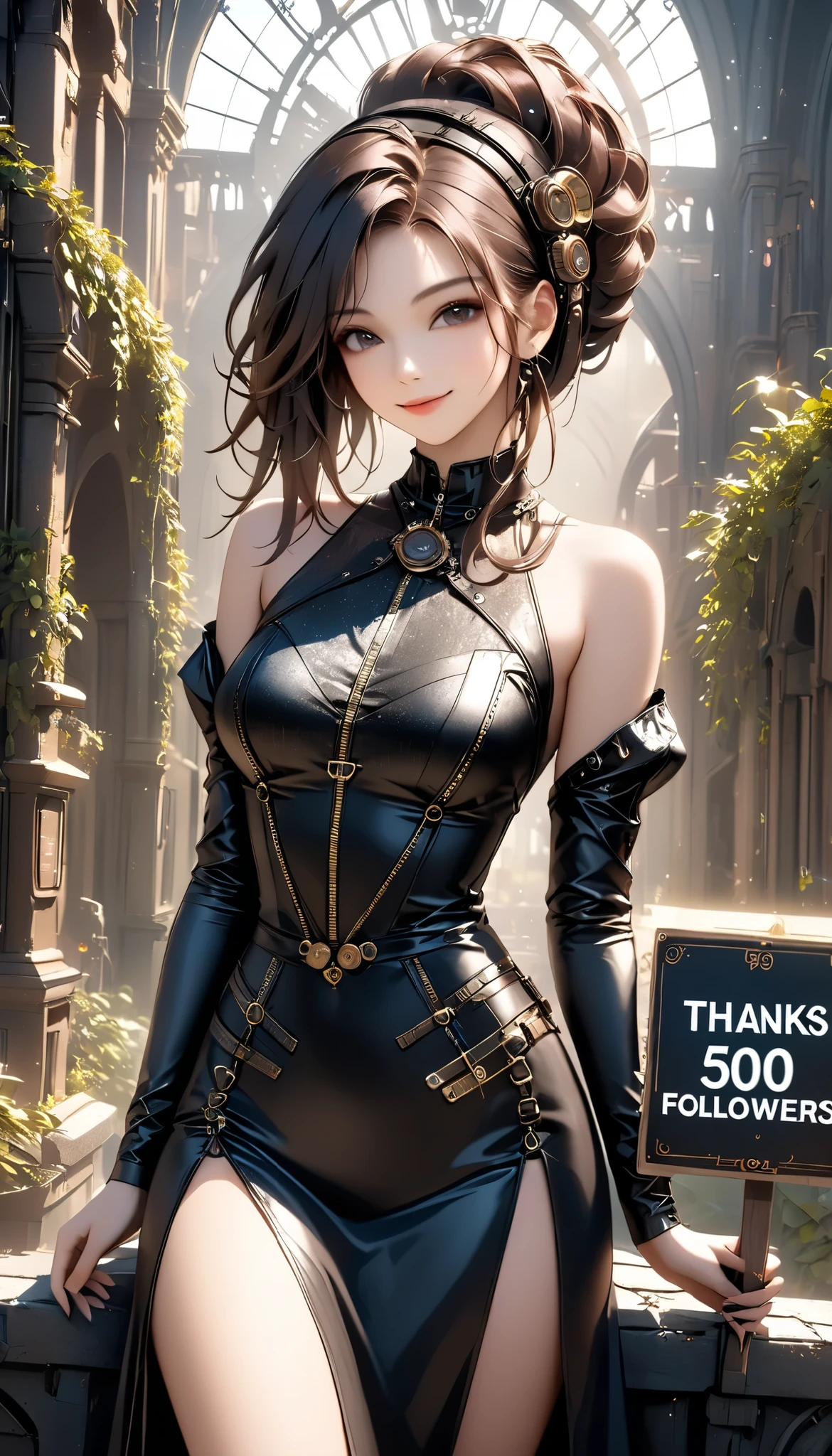 best quality , HD, 16k, Incredibly Dumb , very detailed, 2.5D, delicate and dynamic , a solo sexy girl, ,((holding a sign which says "Thanks to 500 followers")) , enchanting smile, , great style , Gothic Black Long Dress , English Style Steampunk,,, cyberpunk, Glitter Effect, A day with my gothic girlfriend, , ,