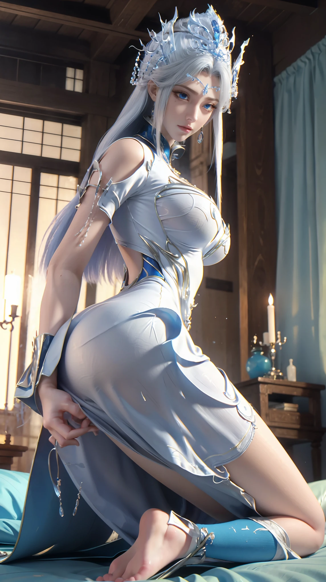 Open mouth to smile, show teeth, pointed teeth, teeth together. (NSFW: 1.98) Arad woman in bikini poses a sword on the beach, extremely detailed Artgerm, on the beach, Ross Tran. Landscape background, perfect white hair girl, seductive anime girl, like Artgerm, on the beach, beautiful seductive anime woman, Rostelland !!!, Rostland style, artistic germ. Anime illustration on a sunny beach, (oily skin)) with horns on the head and two red and yellow horns on the head. End of curl. White transparent cheongsam. (Wearing white transparent fabric cheongsam, cheongsam chest opening, highest fabric material, fabric performance 8K, physics engine calculation demonstration):: 1.8. (High-quality, detailed CG art), (beautiful light and shadow, floating effect) (1 person) (shiny hair, blue hair: 1.2 + gray hair: 1.6), when the skin between the chest and lower abdomen is wet, dripping water droplets and sweat slip together, sexy and gorgeous, still photos convey a dynamic effect. (extremely detailed, well-made, highest image quality, strong specular reflection of the bikini, clear latex texture) The woman is beautiful, extremely sexy, beautiful and moving, seductive, and the transparent texture of the leggings is just right, making people shine. ((NSFW, low saturation)) ((oily skin)), ((water droplets on the skin)), 1.6. The body is moist and shiny, the body is wet and shiny, the body is wet and shiny, the breasts are bigger, the ass is bigger. ((Masterpiece)), the best quality, super fine, highly realistic, wet all over, bathed in rain, every bead of sweat is clearly visible. (Masterpiece: 1.6), (Best Quality: 1.5), Ultra High Resolution, 1 Girl, Very Detailed, 8K, Beautiful, Detailed Eyes, Looking at the Viewer, Intense Dark Colors, (Depth of Field), (Dynamic), (Epic), Sharp Focus, (Intricate Details: 1.86), Full Color, Nano \ (One Piece), Bangs, Bare Shoulders, Belt, Gold Striped Clear Heart Sticker, Blue Sky, Bracelet, Breasts, (Orange Eyes: 1.72), Bubbles, Clouds, Sky, Earri