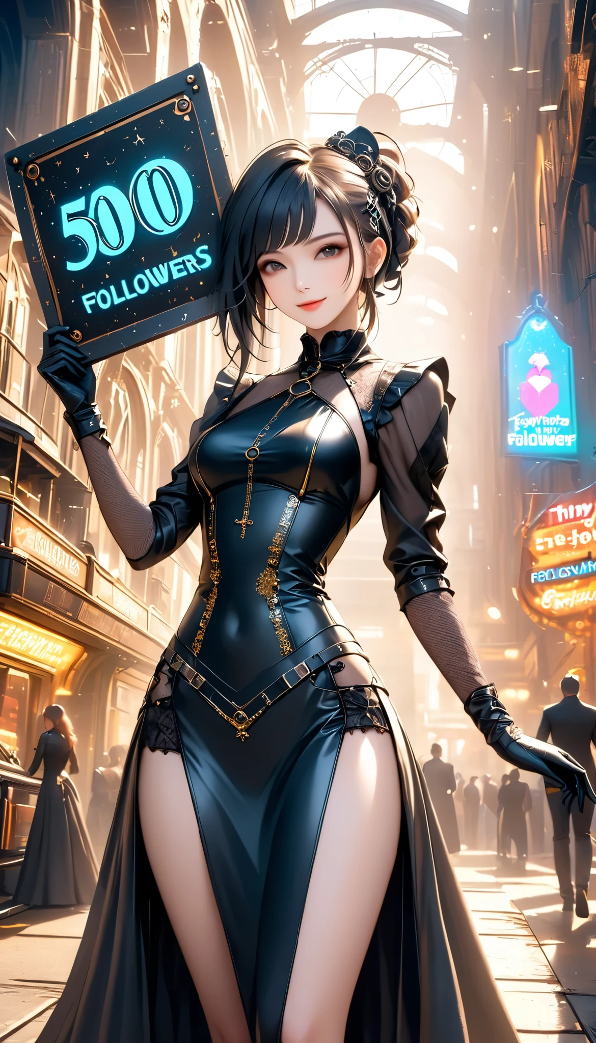 best quality , HD, 16k, Incredibly Dumb , very detailed, 2.5D, delicate and dynamic , a solo sexy girl, ,((holding a sign which says "Thanks to 500 followers")) , enchanting smile, , great style , Gothic Black Long Dress , English Style Steampunk,,, cyberpunk, Glitter Effect, A day with my gothic girlfriend, , ,