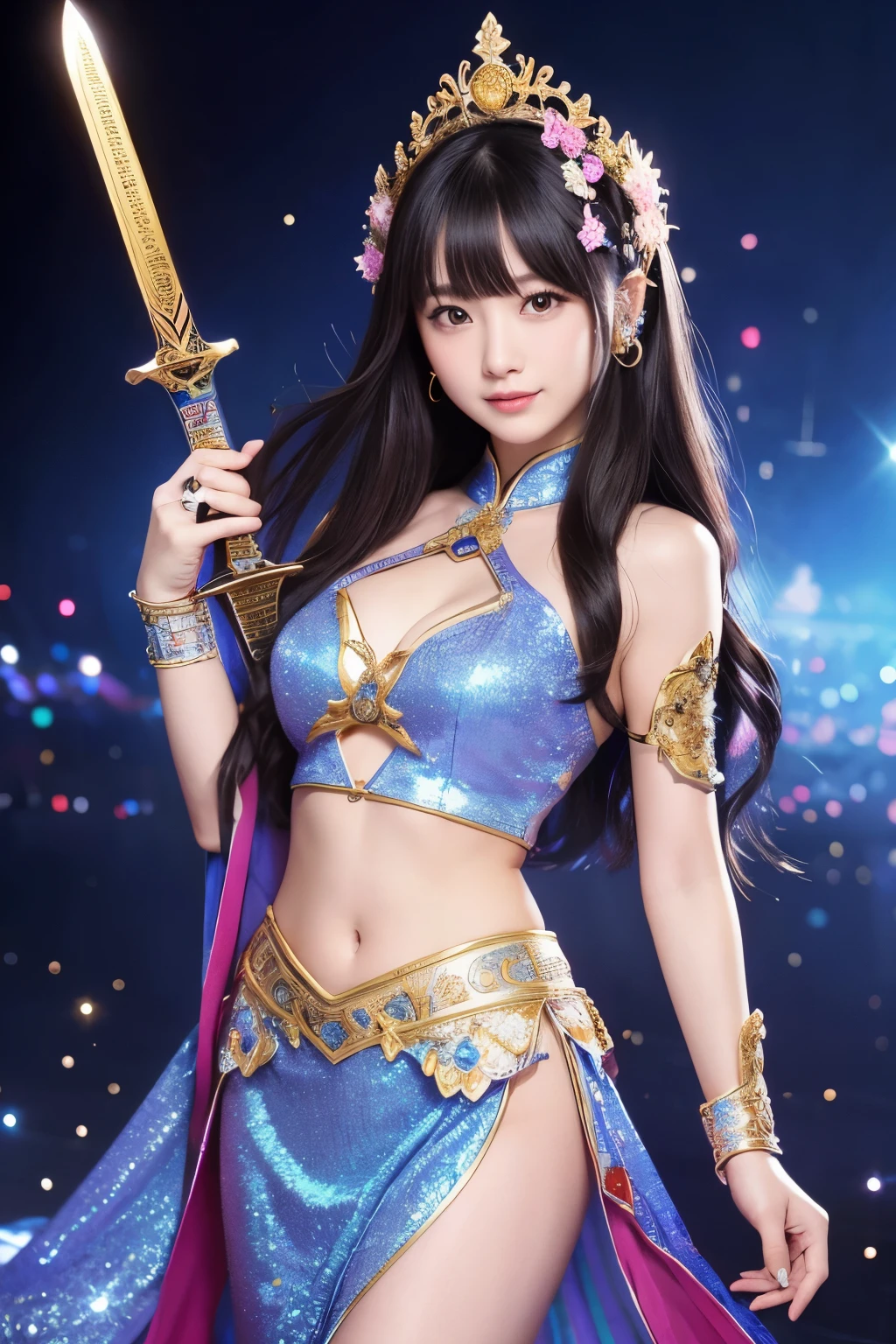 ((masutepiece、top-quality、Top image quality、in 8K、Award-Winning Works))、One Goddess、(The most gorgeous and extravagant goddess gigantic costume:1.3)、(b Goddess&#39;s finest pink and purple costume:1.3)、(The most luxurious furisode in pink and purple:1.1)、Upper body photo、accurate anatomy、(the biggest smile when you look at me:1.1)、(The background is Antarctica:1.2)、(Intricate and detailed real aurora in the sky:1.3)、(A very beautiful and fantastic starry sky:1.1)、(there is an iceberg:1.1)、the most intricate and luxurious decoration、large amount of jewelry decoration、beautiful snow is falling、The most complex and detailed background