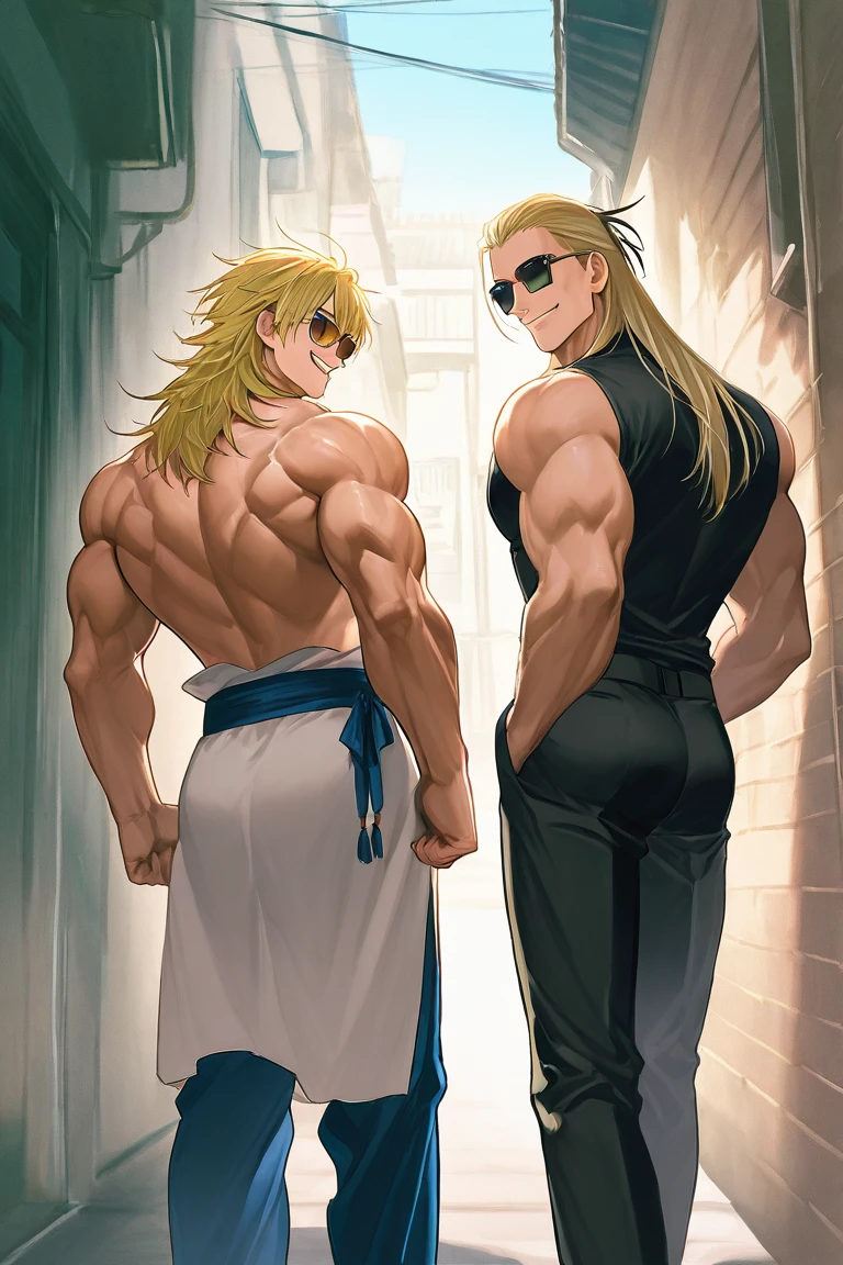 Anime fullbody male with long blonde hair and  lean fit muscles