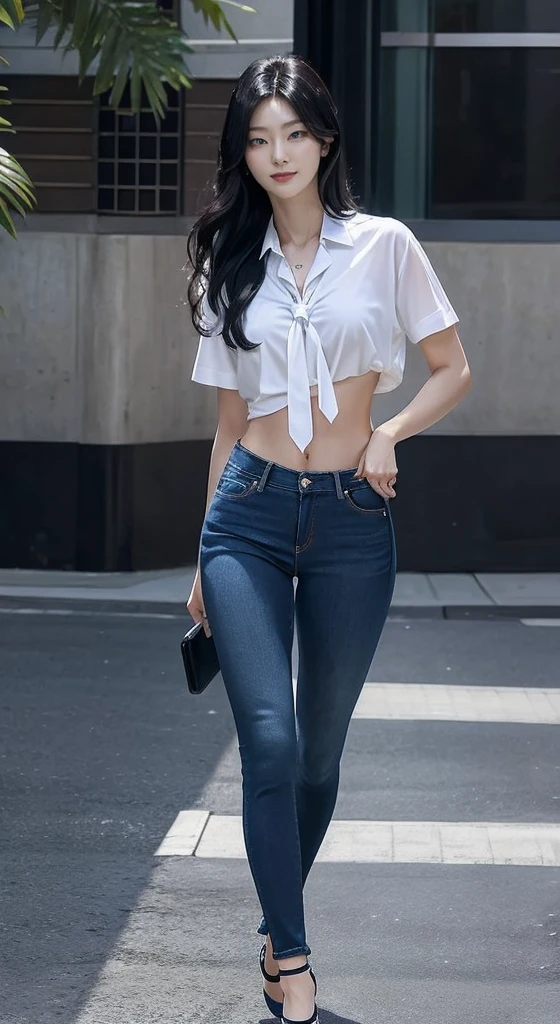 (((Full body image of a woman))), Instagram Model . Full body portrait of a fashion model, Glamour, Long black wavy hair, (((Bright Blue Eyes))), Mischievous Smile, Very detailed顔, Very fine grain. Large chest. ((Low rise jeans that fit snugly against the skin)),((White cotton shirt, unbuttoned to show chestの谷間)), Mid height heels, ((Handbags)). shopping, chest, chestの谷間, 8k, high quality, masterpiece, 最high quality, High resolution, Very detailed, Volumetric lighting, Realistic