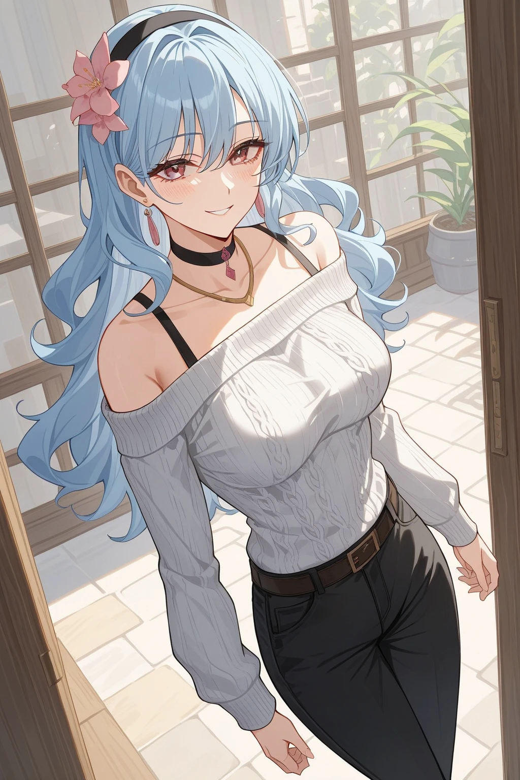 Masterpiece, best quality, tomoe gozen, torino style, 1person, red eyes, cute smile, hair between eyes, silver hair, very long hair, oni horns, looking at viewer, sweater, jeans, sideboob