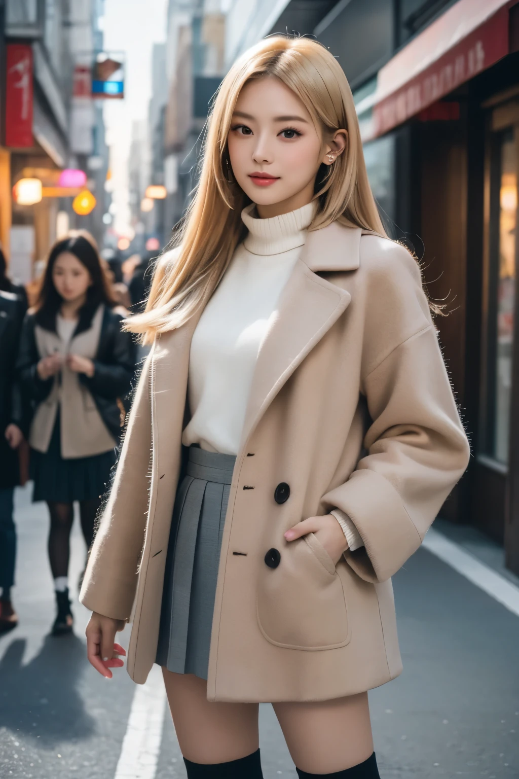 masterpiece,best quality, ultra highres,8k,delicate photography, sharp line, sharp focus, (perfect anatomy:1.5), RAW photo, resolution,realistic,ultra detailed,sharp focus,RAW photo,白,蒼,黒,UHD,
BREAK,
Beautiful and cute 20-year-old Japanese women, blonde hair, gal makeup, color contacts, long eyelashes, short fur knit coat, gray pleated mini skirt, knee-high socks, short boots, walking in a crowded city, cute, stylish, fashion, city street,