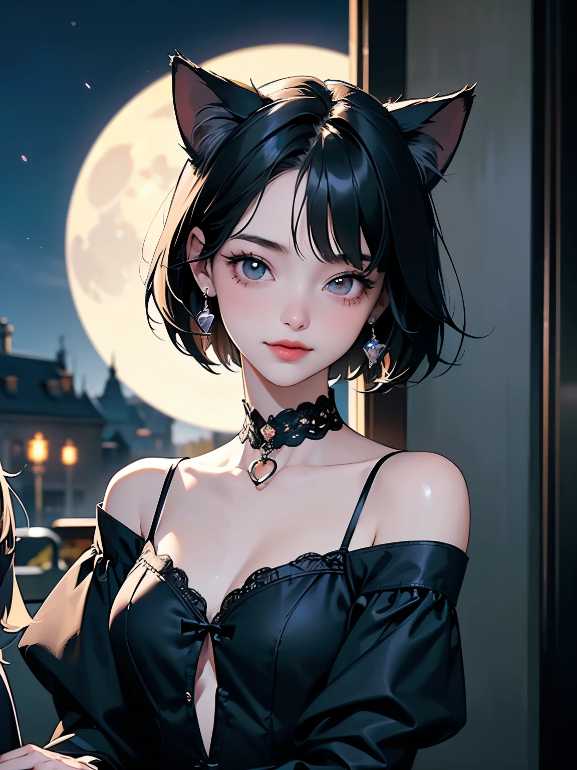 (Sargent-style watercolor)、(Highest quality、masterpiece)、(Realistic:1.5), RAW Photos, (Shabby attic)、(2 girls, Off the shoulder,Cat ear、short hair、Sexy Looks, whole body、Sitting on the edge of a simple bed)、 In the Dark, Deep Shadow, secret key, Cold Light, dim、lamp、(Simple Background)、(Full moon in the night sky:1.2)、((Black background))、