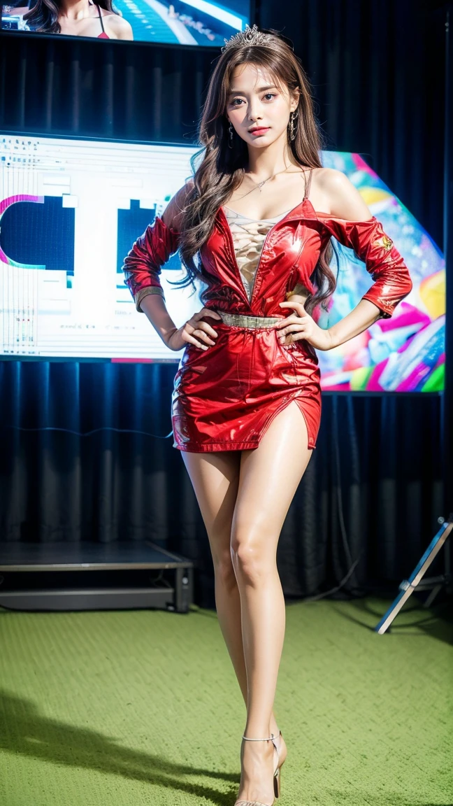 (Highest quality、8k、masterpiece:1.3)、Beautiful woman with perfect figure:1.4、((Dark brown super long hair))、((Her hair is super long, reaching down to her waist))、26 years old、Beautiful Japanese、Beautiful Face、Slender figure、Tall, 170cm tall、Beautiful female curves、Wearing a pendant、((Colorful lace queen costume))、((A tight mini skirt))、Midriff look、Highly detailed face and skin、fine grain、double eyelid、(Big Breasts )、 Big Ass、Tight waist、Long and beautiful legs、White sexy high heels、Standing a short distance away、((((whole body))))、Bewitching atmosphere、((smile))、((Motor show event space))