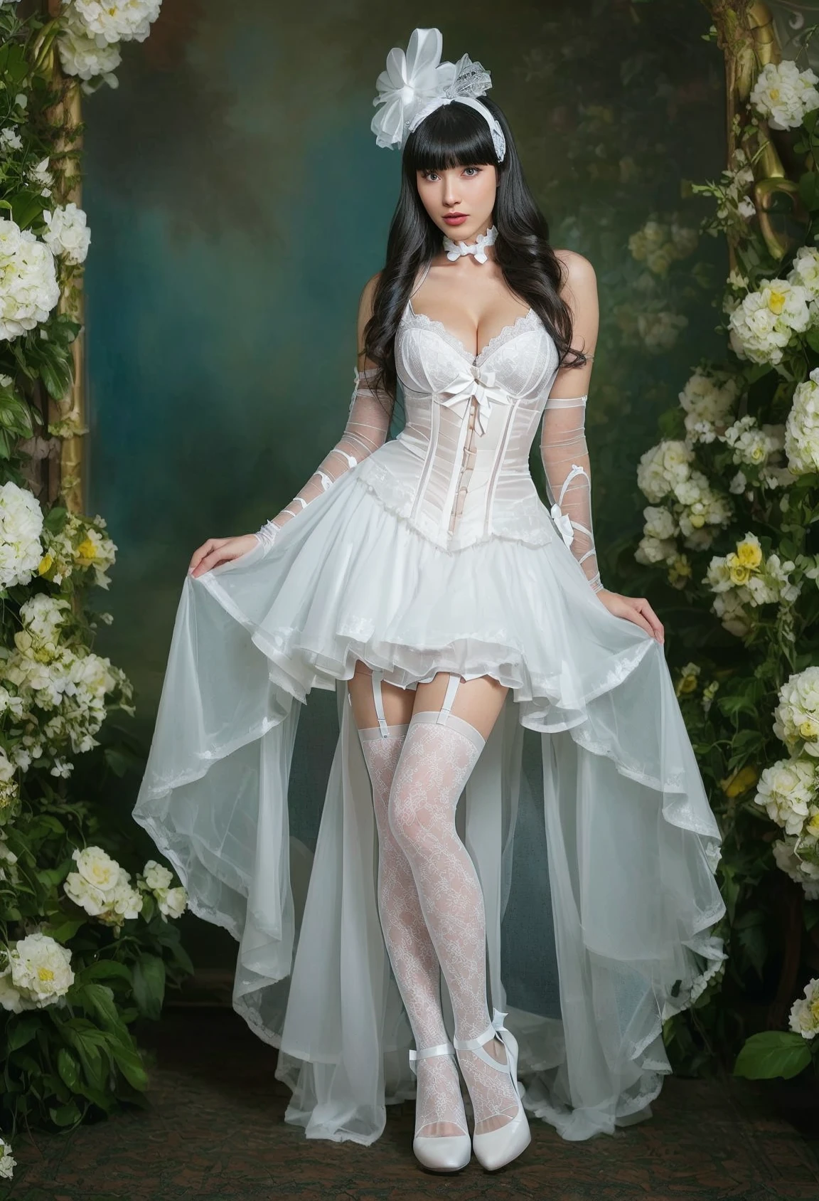 ((beste-Qualit、masterpiece:1.3)), fullllbody, the Long legs, foco nítido:1.2, Cute woman with perfect body shape smiling face:1.4, Slender Abs:1.1, ((dark brown hair、hugetits:1.2)), (White latex breasts open sexy wedding dress、White veil、White latex long gloves、Glowing fairy wings、White Thigh Boots, is standing:1.2), ((chapel:1.3)), Highly detailed facial and skin texture, A detailed eye, 二重まぶた、hugetits、You can see up to your feet