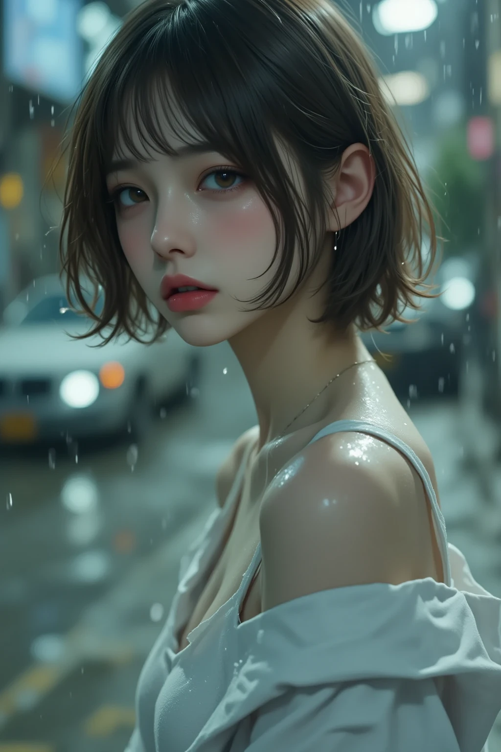 (Leica 10772 M-P, 85mm macro lens, F/8 aperture, film still), (RAW shooting, Photoreal:1.5, 8K, highest quality, masterpiece, ultra high resolution), (((Typhoon heavy rain))), raining, Highly detailed skin and facial textures:1.2, Japanese girl, 18 years old, Fair skin, white skin, (Whole body is floating in the air:1.4), (My whole body is in the air:1.4), (floating:1.4), (Drifting in the air:1.4), perfect style:1.2, water droplets on the skin, (black hair:1.2), super short cut hair, (Bra see-through, Chest gap), (rain drips all over my body:1.2, wet body:1.2, wet hair:1.3), (Wet school uniform:1.3), (struggling, The expression on your face when you feel intense caress, Facial expression when feeling pleasure), (beautiful black eyes, Eyes that feel beautiful eros:1.3)