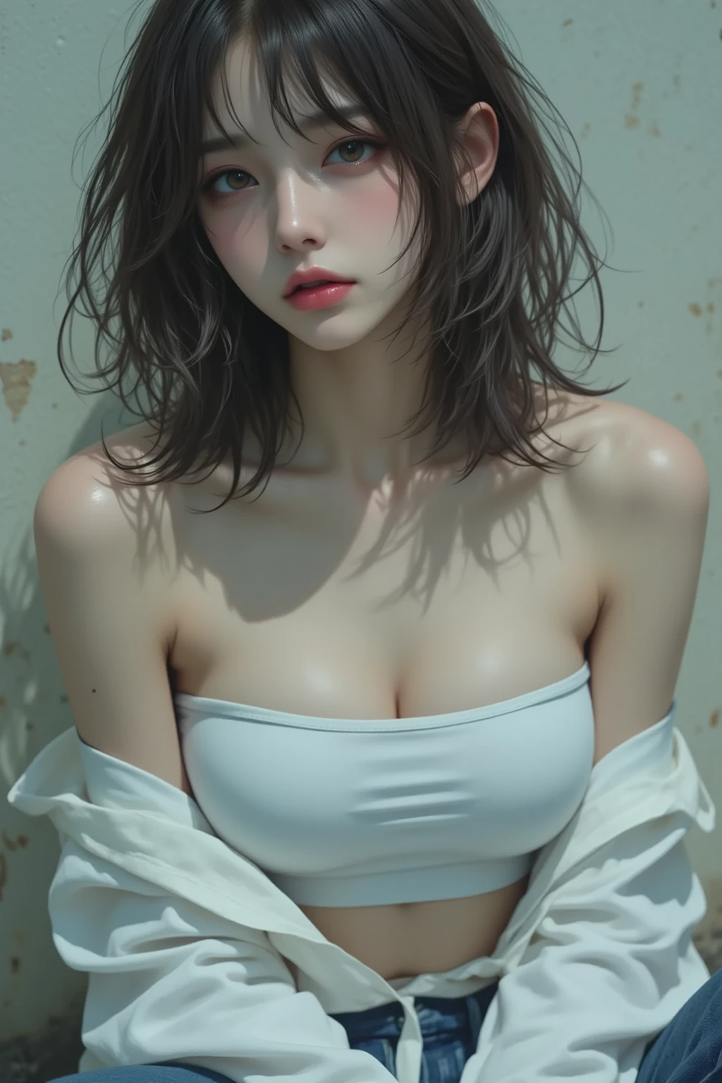 Top quality, masterpiece, ultra high definition, (photoreal: 1.4), raw photo, one girl, off-shoulder, movie lighting, ponytail, black slit long dress, thighs, (heavy rain, fog, wet, underwear), cyberpunk, nightclub entrance, neon, see-through, woman with toys between her legs, squirming with remote control, crotch dripping with bewitching love juice, Coated underwear and inner thighs. She blushed and looked at me,