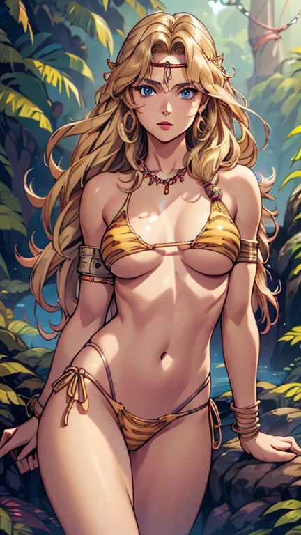 21thshirow, solo, 1girl, looking at viewer, big breasts, blonde hair, detailed face, outdoors, skimpy, caveman outfit, long hair, cavewoman,