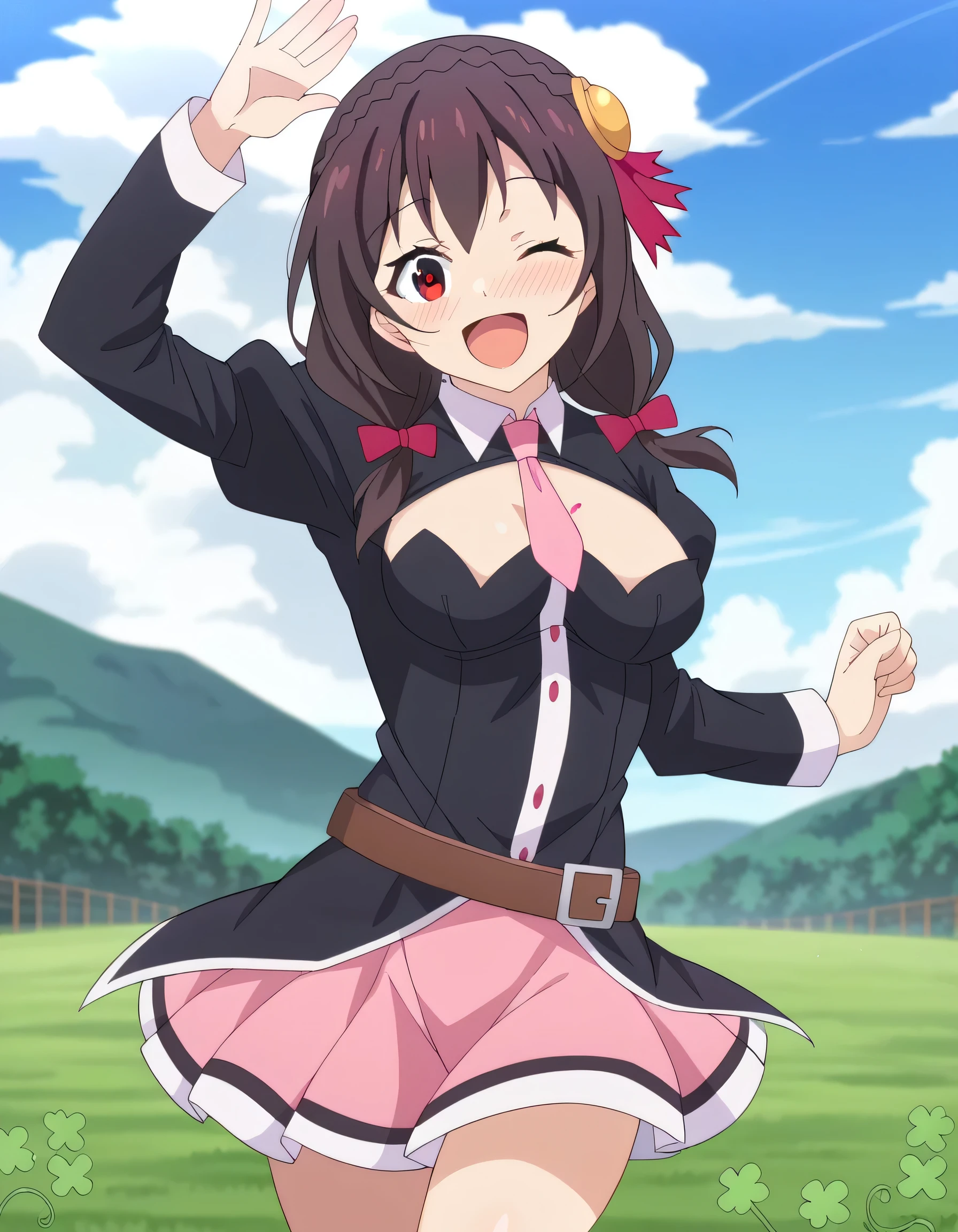 HD, High Quality 、
Yunyun、 black hair, Hair Accessories , red eyes, , braided , crown braided ,
skirt , thighs, Long Sleeve, ties, belt, Outfit Cutout, cleavage cutout , pink skirt , pink ties,
(smile)、(blush)、(The background is a clover field )、blue sky、Walking、 open your mouth and laugh、♥️、 heart mark、(Clovers are dancing in the wind all over the screen:1.2)、 view viewer、 I have one eye closed