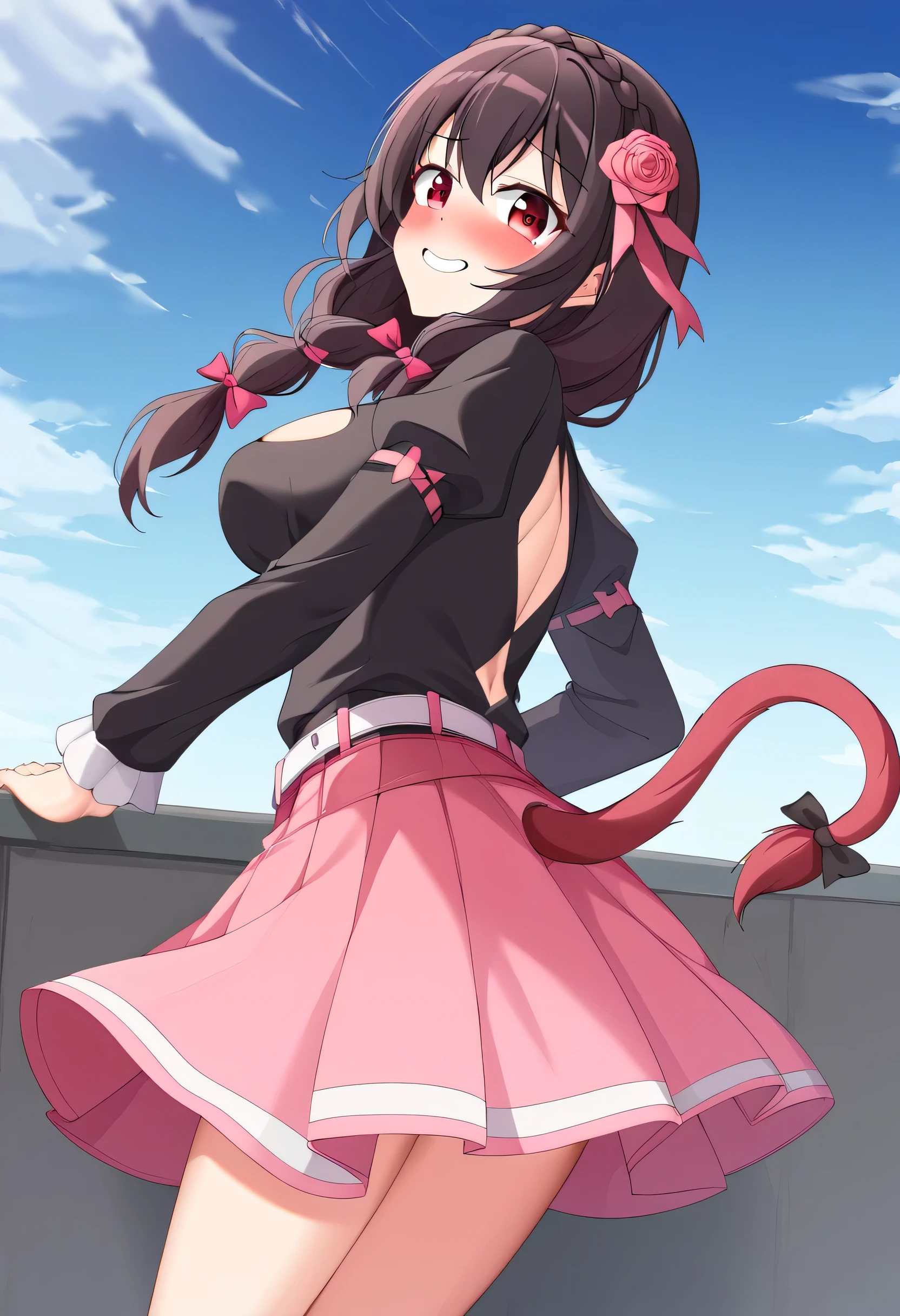 Yunyun、Yunyun、 HD、 High Quality 、Crimson Eyes、Black Hair、 hair、 Hair Accessories 、 rose tail 、 pink tie、Black long sleeve、 Pink Skirt、 Embarrassing Smile 、blush、blue sky、belt,  Outfit Cutout,  cleavage cutout 、Looking Back