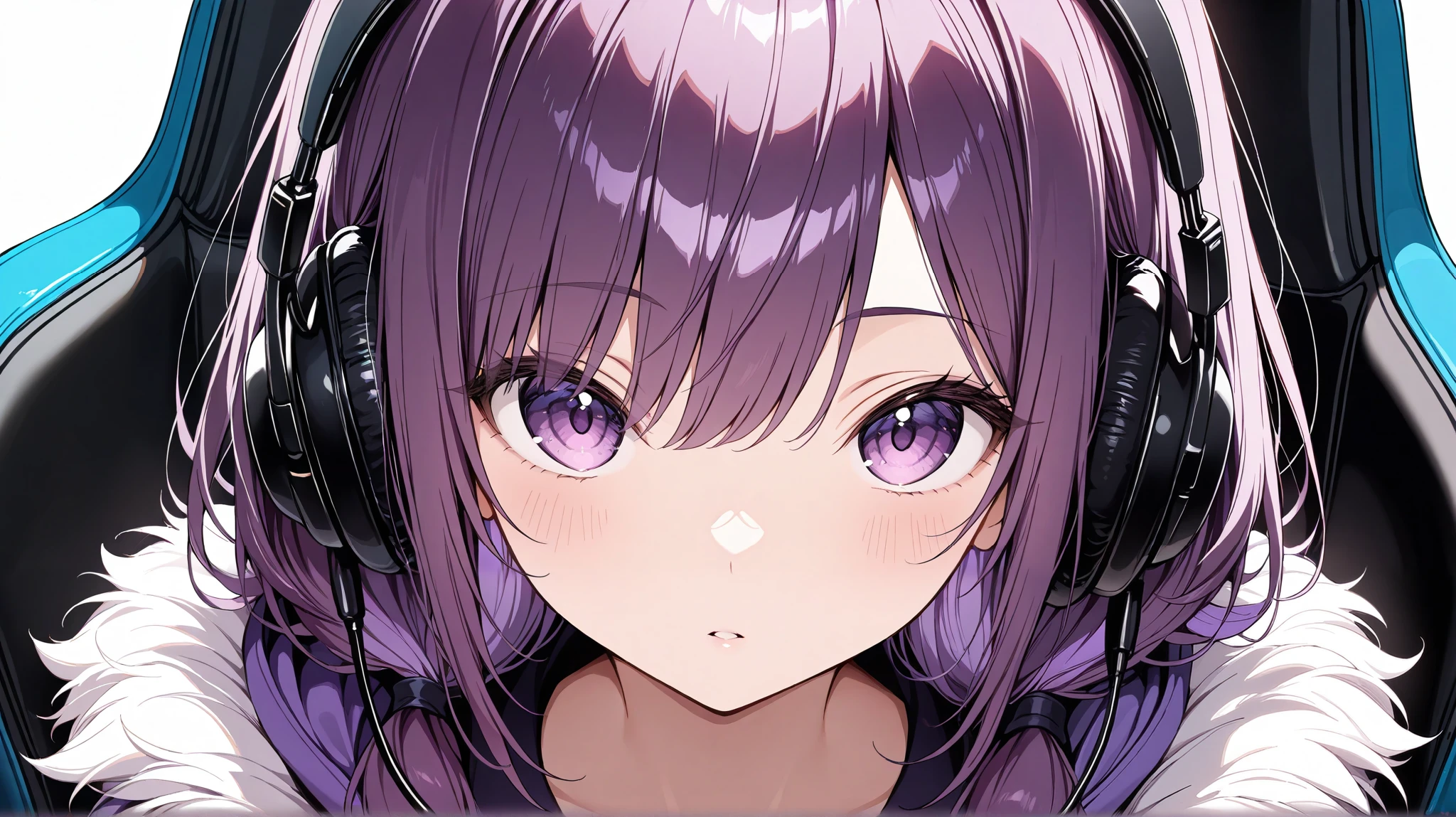 one girl,purple hair,purple eyes,downer,masterpiece,top quality,great quality,upper body,character focus,viewer watching,headphone