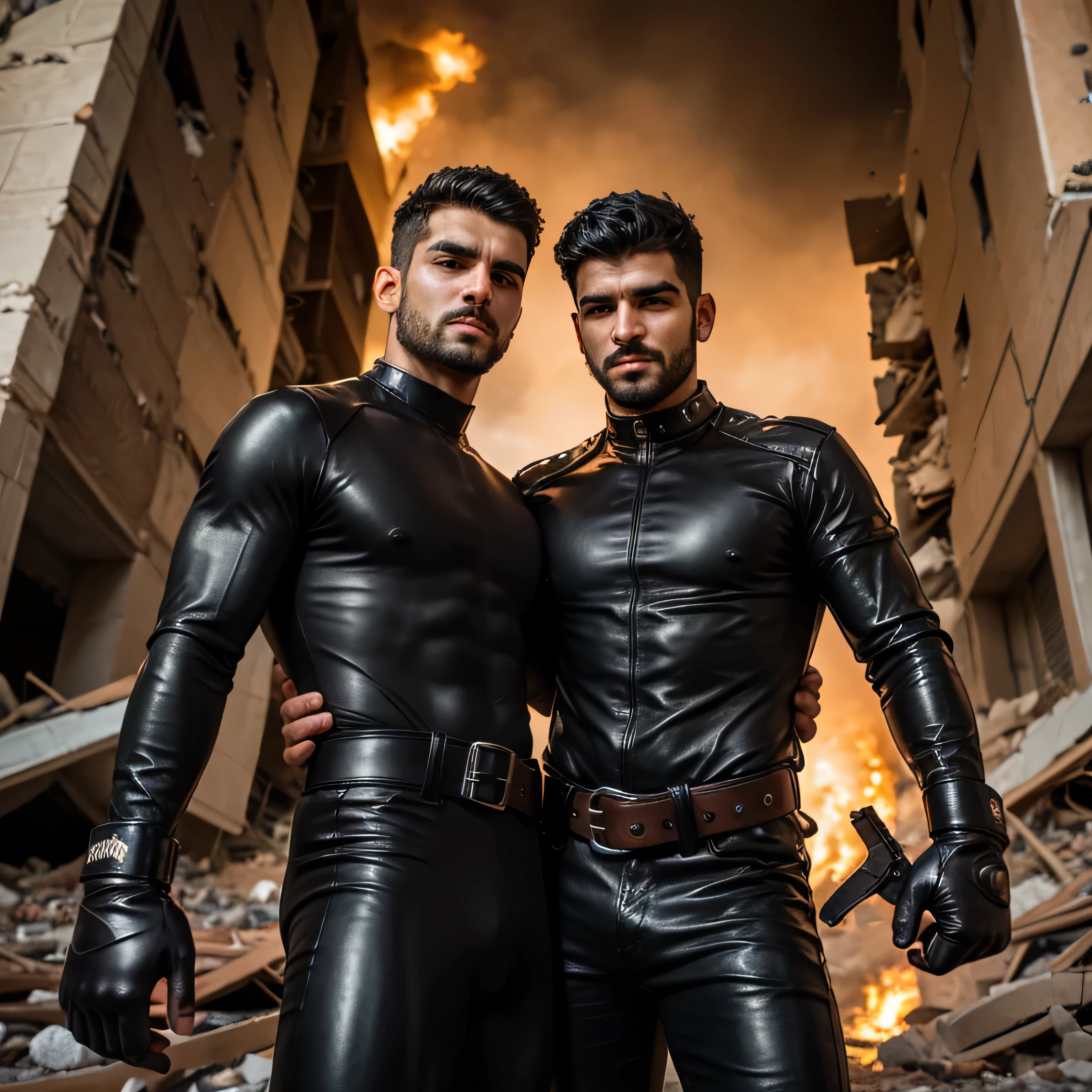 two handsome muscular bangladesh security guards are sleeping on the bed with full tight green uniform and big bulges. shinning boots. full-body view and realistic style. half naked in the night. Indoor lighting.