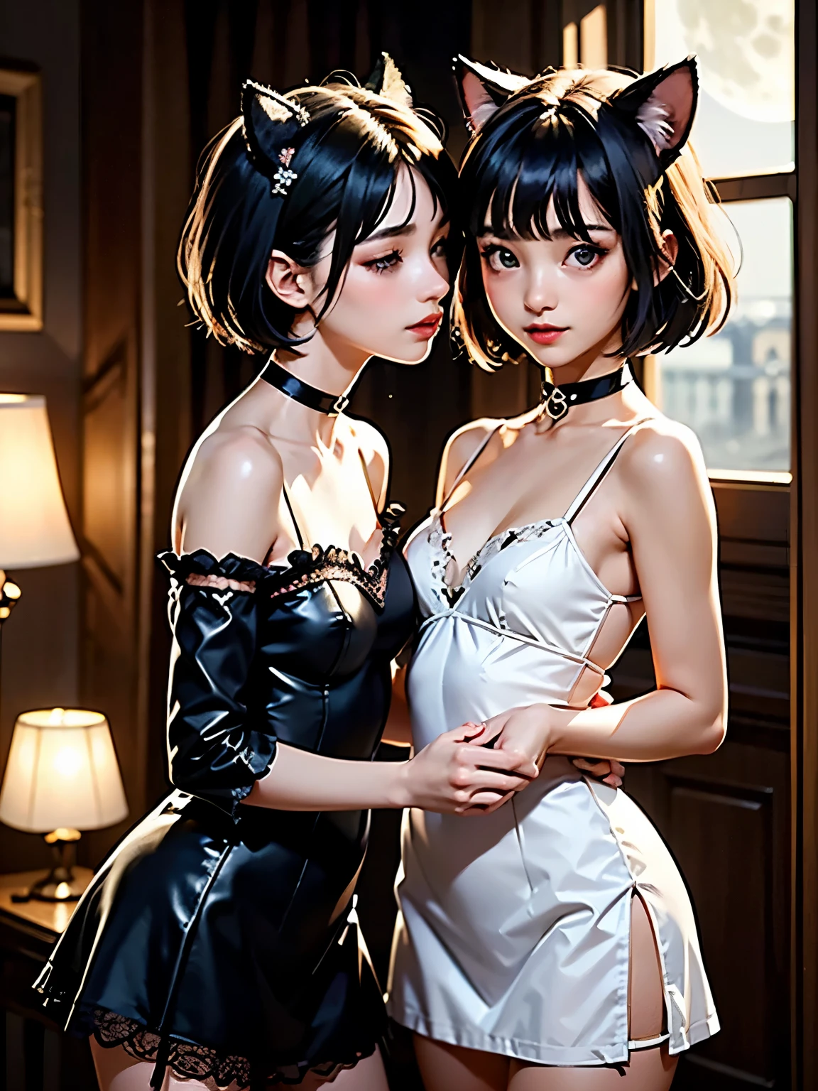 ( two girls)、whole body、(Gothic World Tea Party :1.2)、( gothic fashion :1.2)、( they're kissing each other )、 ( depicts cute faces in detail)、 black hair、 short hair、 semi-long、 bob cut、 hair bang、 hair ornament、(Cat ears)、 black cat costume、 White cat costume 、 choker 、( lingerie)、 off shoulder 、 sexy mini dress、, charming smile、 small breasts、 soft focus、 Cinematic Light 、Soft light、( indoor、dim、lamp)、(Full moon in the night sky:1.2)、4K Anime Art、( best quality , Masterpiece, high resolution)、
