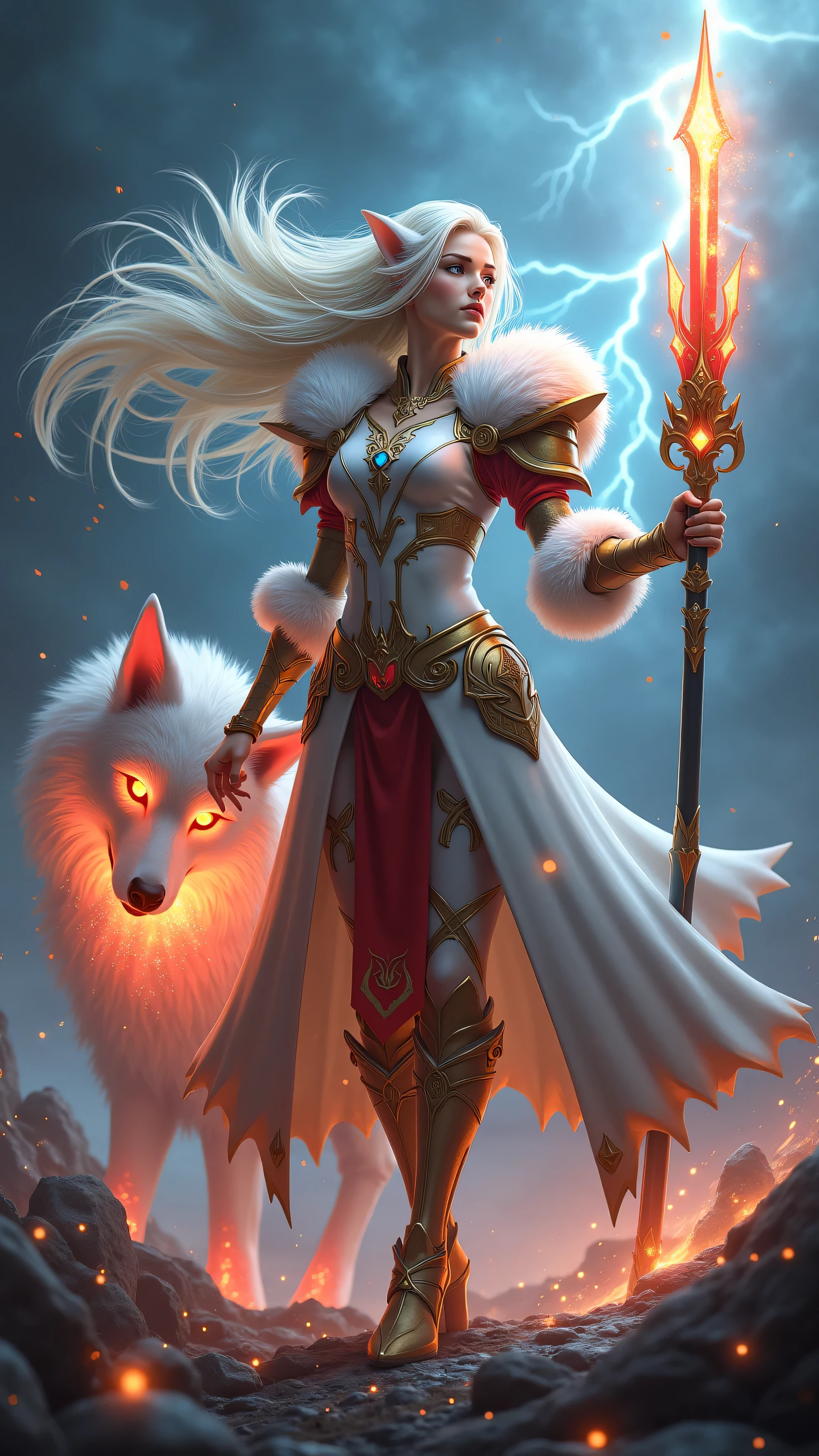 ???????? of ice and fire, platinum blonde woman, in skimpy fantasy armor, 1Girl:1.8; Tips of her hair on fire, intricate up do hair, (glowing tattoos, Viking make-up):1.3, toned fit body, busty, (Foxgirl, Fox ears, 9 fox tails, tan fur. Kitsune); a masterpiece, 8k resolution, perfect ???????, dark fantasy concept art, by Greg Rutkowski, dynamic lighting, hyperdetailed, intricately detailed, Splash screen art, trending on Artstation, deep color, Unreal Engine, volumetric lighting, art by Alphonse Mucha, art by Jordan Grimmer, fire and ice complementary colours, fire and ice themed, beautiful angular face, detailed face, high cheek bones 
