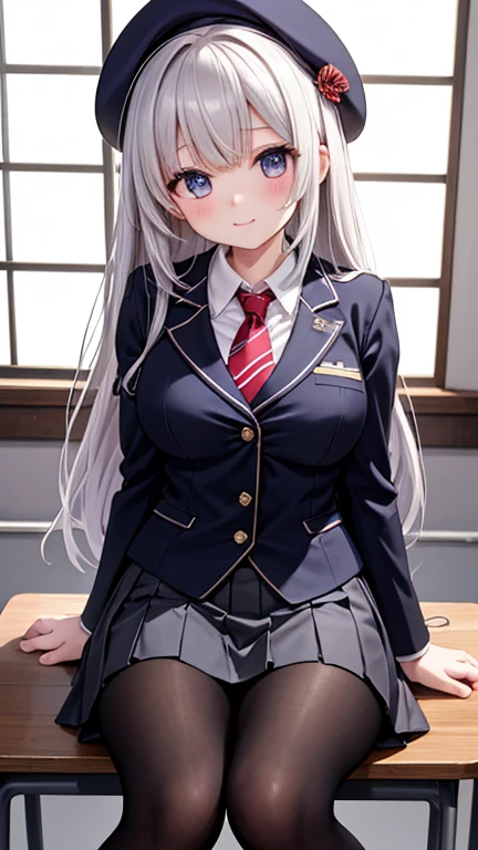 ((highest quality, 8K, masterpiece: 1.3)),((amazing details: 1.2)),((figure: 1.1)), (realistic, photorealistic:1.4), female solo,high school girl、shiny skin, thin, beautiful 髪, beautiful face, highly detailed face, beautiful detailed 目, beautiful clavicle, beautiful body, beautiful breasts, beautiful thighs, beautiful feet, beautiful fingers, (fine cloth texture, (navy blazer), Red plaid tie, long sleeve white shirt with collar, Grey plaid pleated skirt), black socks, , (beautiful scenery), morning, (classroom) 、sitting at the desk,,ponytail、 long eyelashes, solid circle eye, enchanting smile , (show off panty:1.4)
, (hand in panty:1.4) , silver long hair