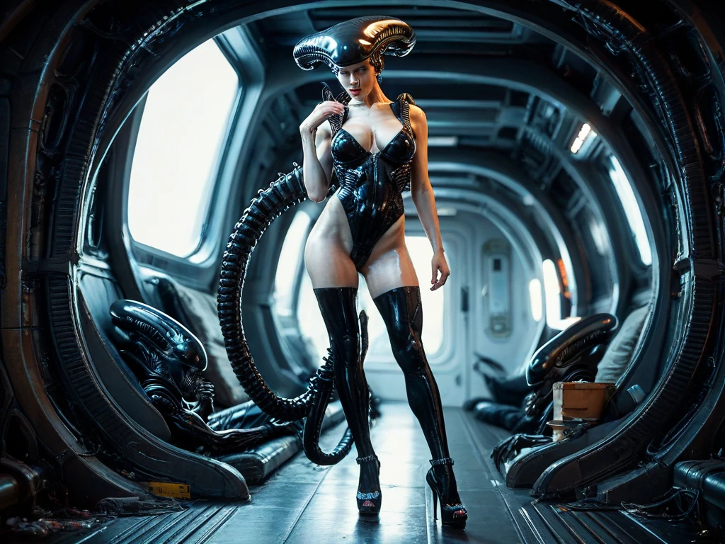 "(Adventurous woman,(sexy silver space suit with neon hi-lites and electronic indicators)),exploring alien landscape,bioluminescent crystals,tentacled plants,strange neon alien birds,otherworldly atmosphere,vibrant colors,detailed textures,photorealistic lighting"