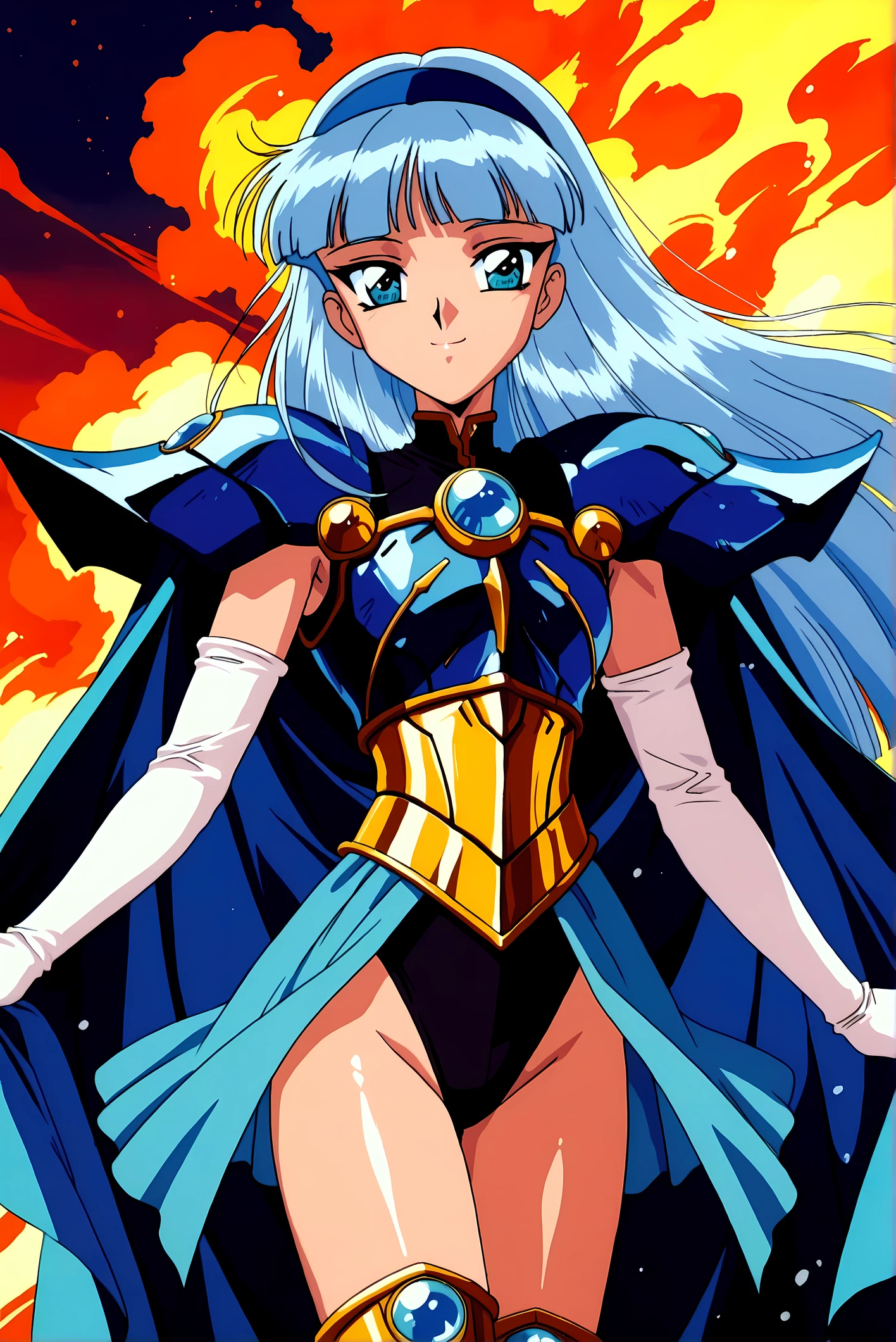 A beautiful girl with long blue hair and piercing blue eyes, wearing intricate gold armor, standing in a dark fantasy movie scene, 8k, hyper detailed, cinematic lighting, 80s anime style, elegant, dramatic, masterpiece