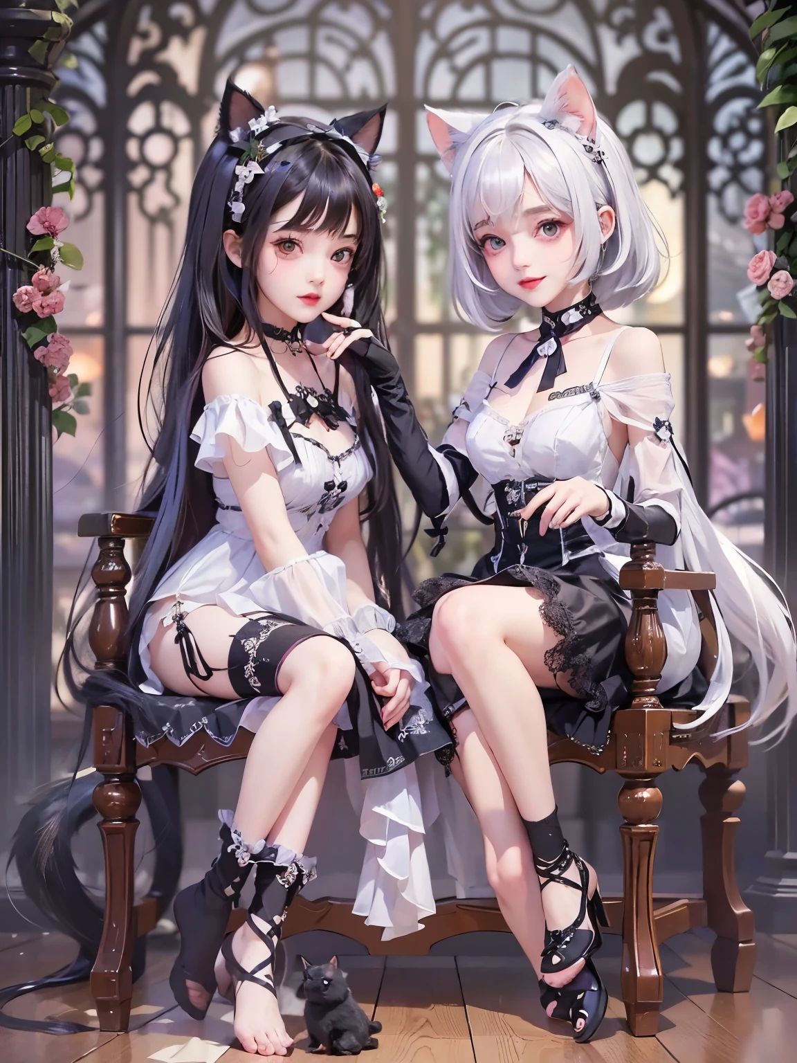 ( two girls)、whole body、(Gothic World Tea Party :1.2)、( gothic fashion :1.2)、( they're kissing each other )、 ( depicts cute faces in detail)、 black hair、 short hair、 semi-long、 bob cut、 hair bang、 hair ornament、(Cat ears)、 black cat costume、 White cat costume 、 choker 、( lingerie)、 off shoulder 、 sexy mini dress、, charming smile、 small breasts、 soft focus、 Cinematic Light 、Soft light、( indoor、dim、lamp)、(Full moon in the night sky:1.2)、4K Anime Art、( best quality , Masterpiece, high resolution)、