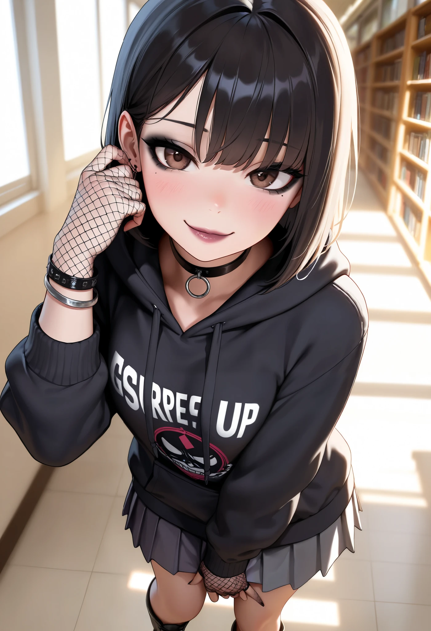 (((Highly detailed, sharp detail, vibrant colors, masterpiece, ultra-realistic, 8K, 4K, cinematic lighting, Extremely detailed, perfect hands, detailed eyes, absurdres, hires, highres, good hands, detailed hands, detailed background, detailed clothes, extreme detail)), Short and sexy -yeld Kon goth girl, flirty expression, (black-lipstick, black eyeshadow, black eyeliner), (Long jet-black hair, messy and layered with subtle, soft waves, not tightly curled. Slightly tousled look, with strands framing her face), leather choker, wearing a oversized hoodie paired with a black pleated skirt, fishnet gloves, combat boots, multiple bracelets, expressive brown eyes, High school library background, NSFW, JK,