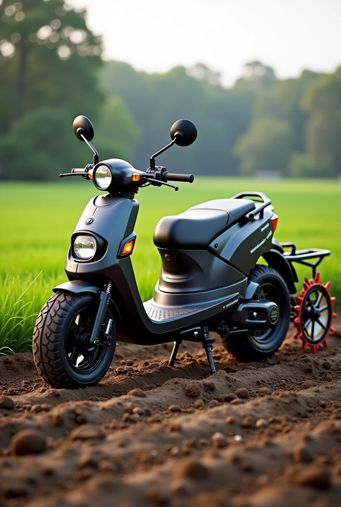 Scooter with farm tiller at the bottom that automatically spread seeds