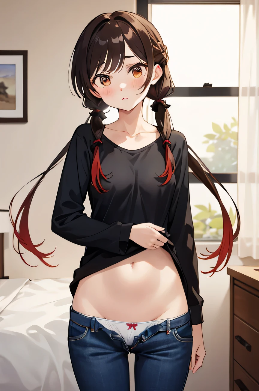 Optimal，masterpiece，High resolution，highest quality，(cowboy shot)、cute face，，black hair、long hair、twin tails、 （（scarlet eyes）），long eyelashes，drooping corners of the eyes，Are standing、thin legs、white skin，((Shoot from below:1.5)), ((Wearing a tight white t-shirt:1.5)), ((tight yoga pants)). ((pointed nipples))、rocket tits , big breasts,