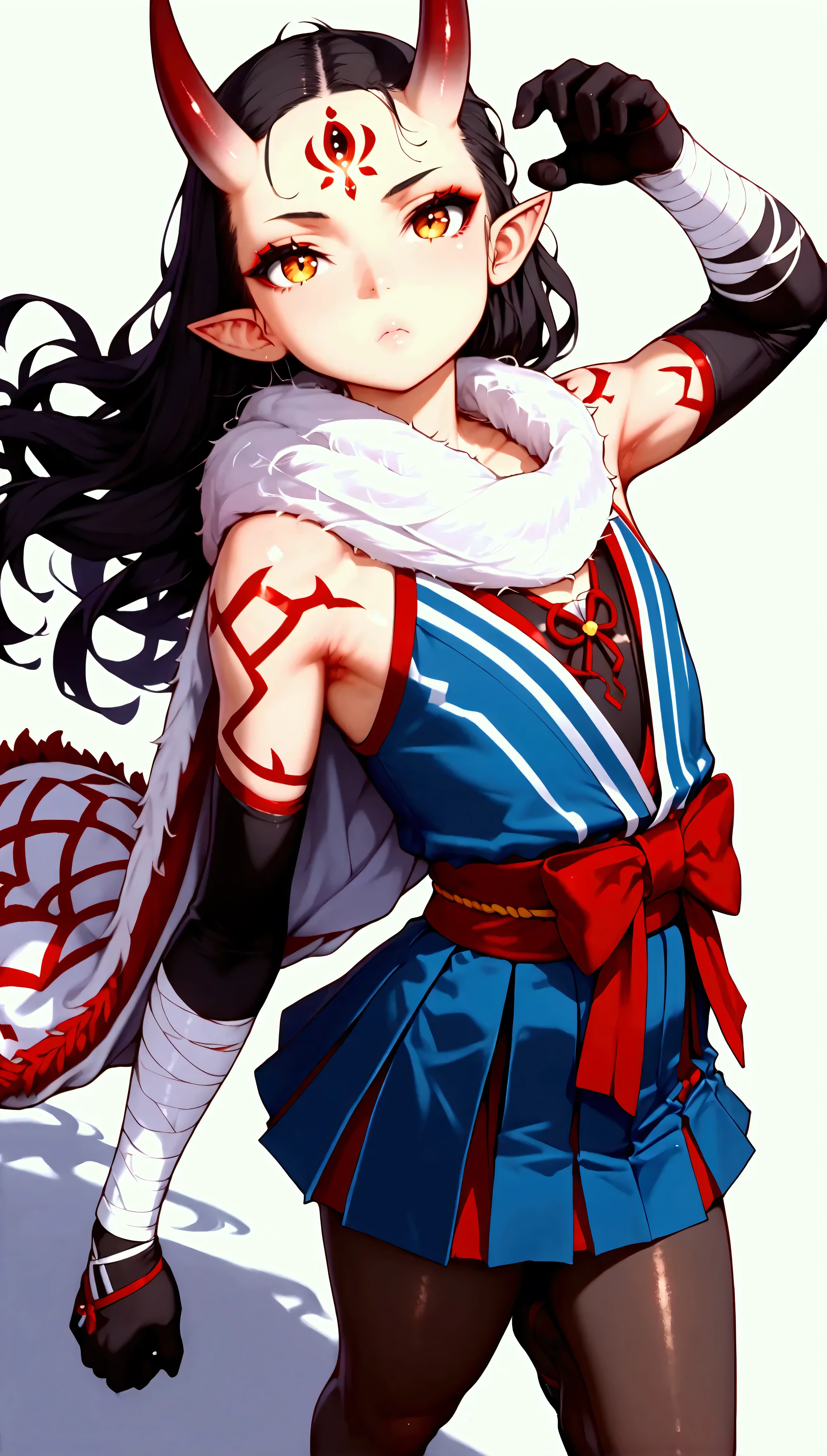 score_9, score_8_up, score_7_up, masterpiece, highest_quality, ultra_detailed, nsfw, absurdres, HDR, official_style, intricate_details, solo_boy_focus, boy is (japanese_boy, asura_kin, BREAK (hair_color_is_black, eyes_color_is_golden, pantyhose_color_is_white):1.5, BREAK (messy_hair, very_long_hair, forehead_bangs):1.5, (slant_eyes, close_set_thin_eyebrows, eye_liner), pointed_ears, oni_horns, flat_chest, slender, short_stature, male_bulge, (spider_pattern_clothes, spider_silk_clothes, kimono, bandaged_arms, hakama_microskirt, pantyhose, fur_scarf), dynamic_pose, acrobatic_pose, fighting_pose, hold_flaming_runesword, spider_silk, spider_thread):1.5, BREAK full_of_details, detailed_face, five_fingers, perfect_hands, perfect_fingers, dramatic_angle, dynamic_angle, dynamic_perspective, gray_background