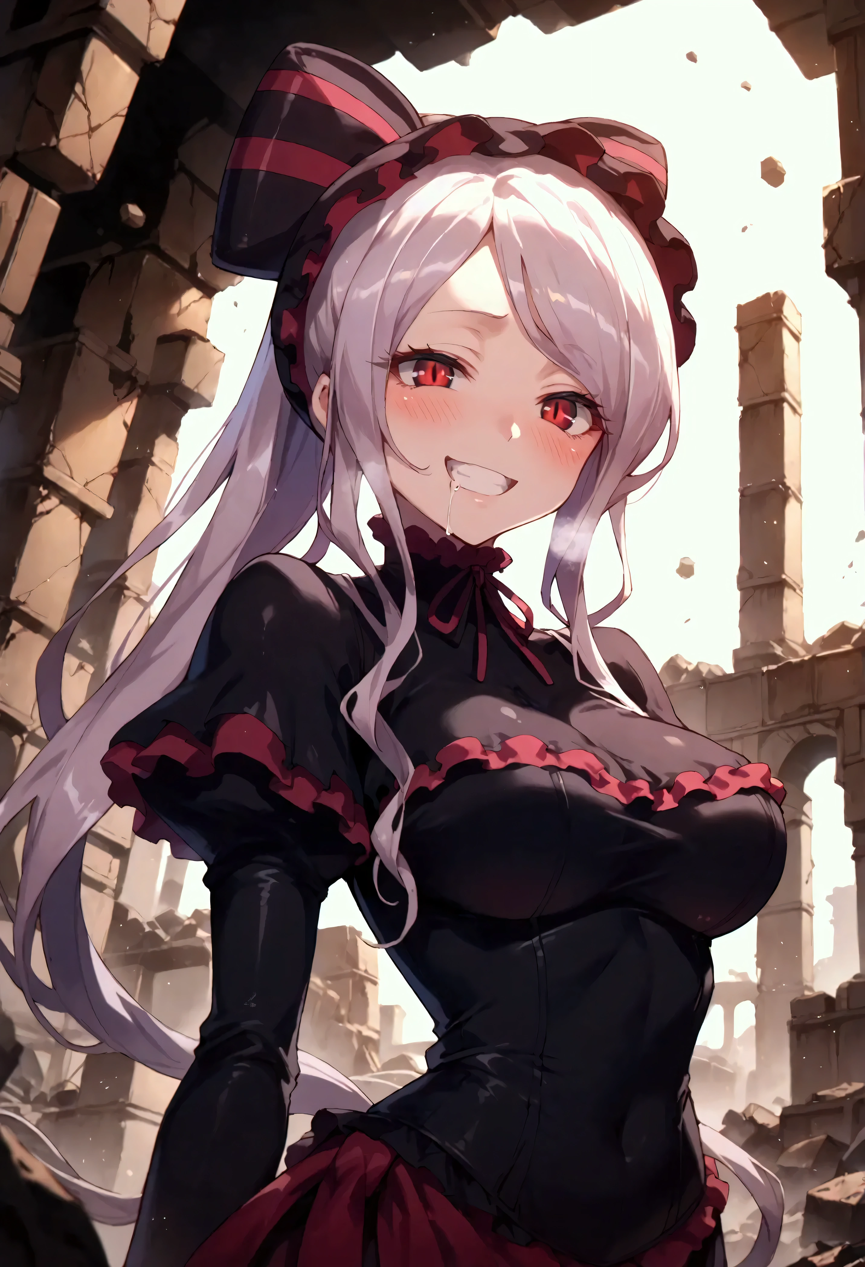 score_9, score_8_ up, score_7_ up, shiny skin , pose, rating safety, Chartier, big breasts, open your mouth, heavy blush , heavy breathing, Green, drools,rubble_Ruins,