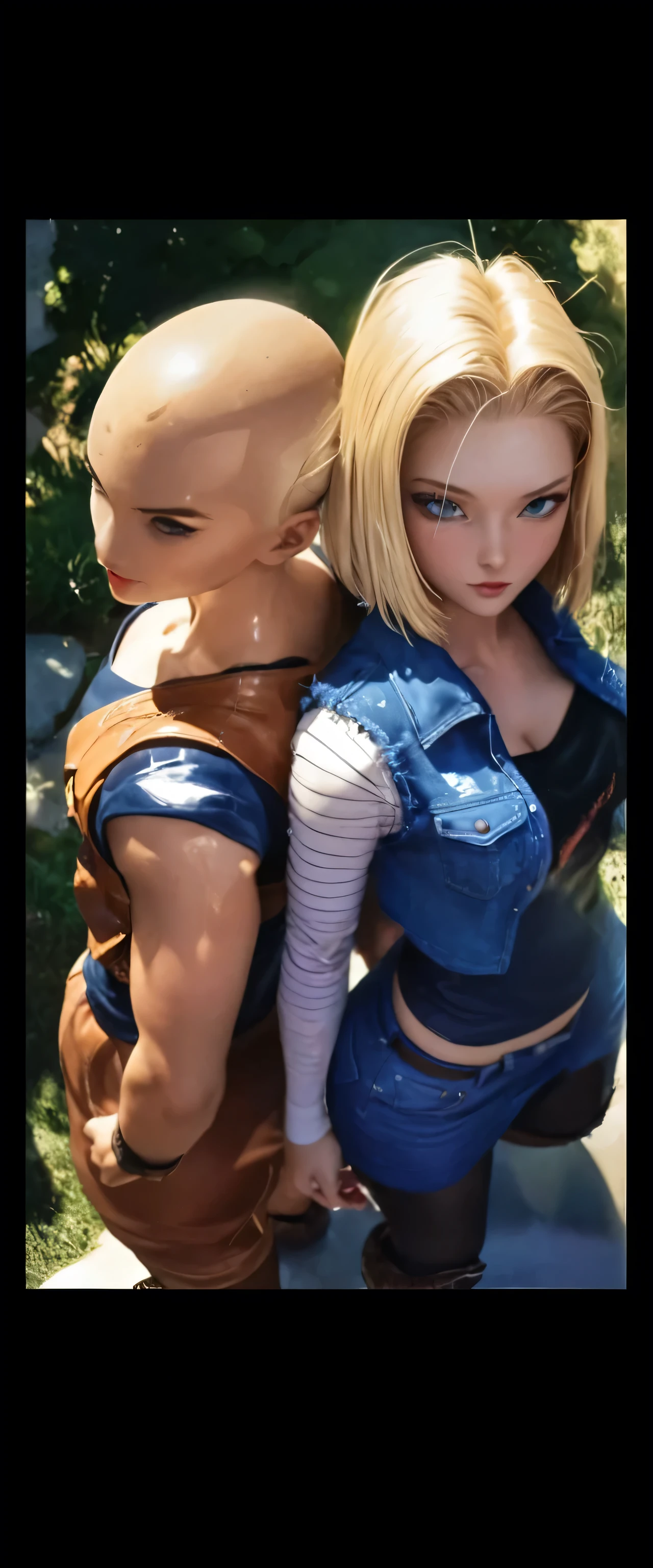 Android 18 Dragon Ball Z, short blonde hair, blue eyes, sexy clothes, random scene, looking at camera. perfect image without imperfections, ((completely naked))((kissing))