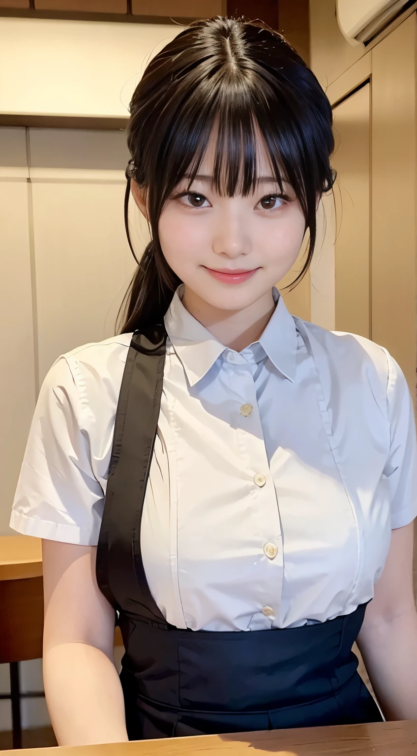 (Highest quality,masterpiece:1.3,Ultra-high resolution,),(Very detailed,Caustics),(Realistic:1.4,RAW shooting,)Ultra-Realistic Capture,Very detailed,High resolution 16K human skin closeup。 Natural skin texture、,pores、、、、It must be detailed enough to be easily identifiable。 Skin tone is even and healthy looking。 Use natural light and color,restaurant,Waitress Uniform,1 person,Japanese,18-year-old,cute,Black-haired,ponytail,Big Breasts,smile,Turn your body forward,(Front view:1.1),Looking into the camera,Cowboy Shot,