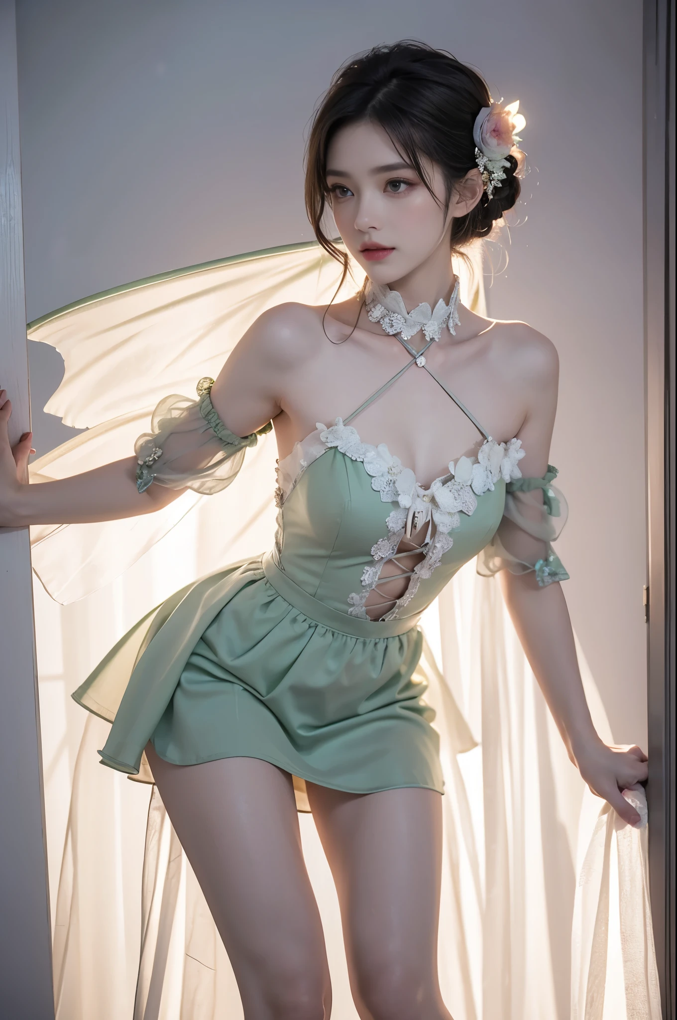 (best quality, 8k, 32k, masterpiece, UHD:1.2), (realistic), (photorealistic:1.2), (high resolution), α7S III, ultra detailed, extremely beautiful face & eyes, (elementary school student, loli:1.4), cute, pure, 1girl, solo, young woman, small round outline, (thin waist, slender body, slim body, thin thighs, small butt), (ballet, ballerina, pancake tutu, platter tutu, platter tutu skirt, pancake tutu skirt), blue color tutu crothing, gigantic breasts, cleavage, large , healthy skin, garden, sunset, twilight,