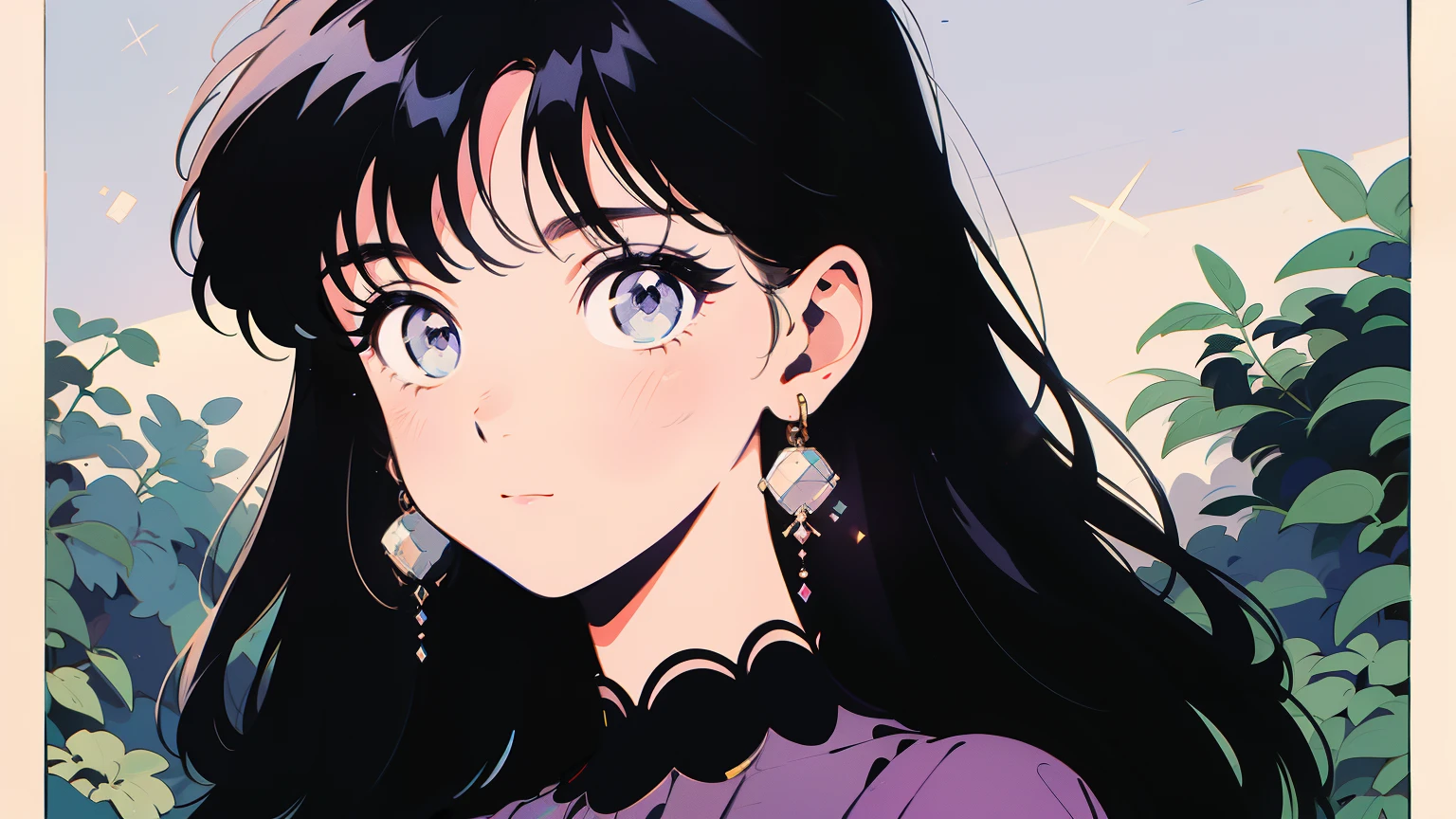 (Highest quality:0.8)、(Highest quality:0.8)、Super detailed、Analog illustration、Koto Tsumi \(style\)、masterpiece、Highest quality、Close-up portrait of a woman、1990、Comic Strip、Art illustration、black long hair、Purple Dress、Diamond Earrings、Gazing at the scenery in a starlit garden