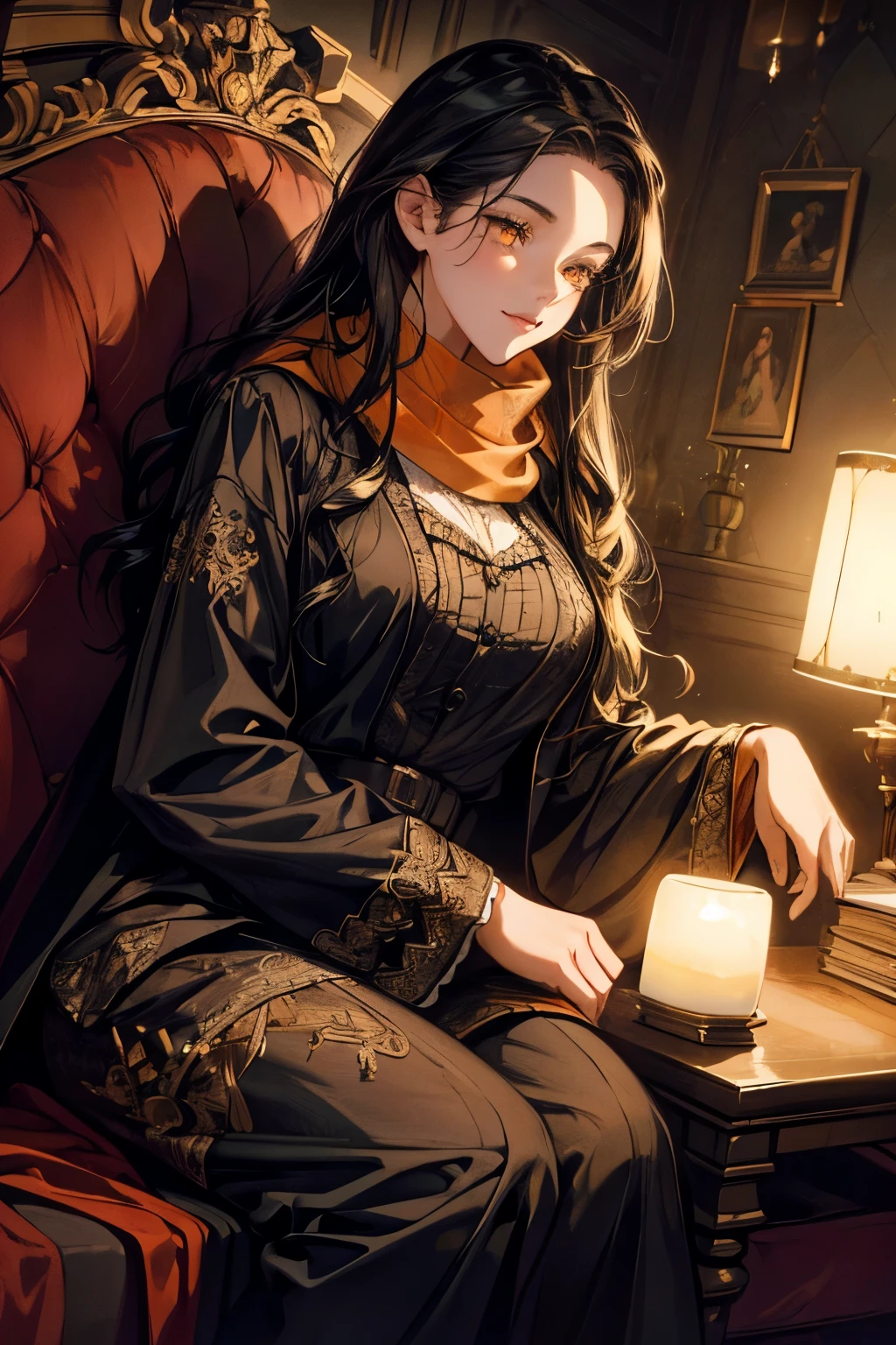 ((Masterpiece:1.2)), (Best Quality), (Photorealistic, Photorealistic:1.37), (Detailed), (Cute Illustration:1.5), (Very Beautiful Woman with Very Cute Smile), (Very Beautiful Symmetrical Face), (Excessively Mature Attractive Woman), (Strong Highlights in Eyes), (High Resolution), (32K), (Very Detailed), (Beautiful Detailed Eyes), (Official Art), {{Masterpiece, Best Quality, Highly Detailed CG, Uniform 8K high resolution, cinematic lighting}}, (beautiful and aesthetic:1.2), (anatomically normal, 8k, 16k, super detailed, aesthetic), (best Illustration), 8K, 3D, joy, airy clean background, aesthetic atmosphere, muted tones, dramatic studio lighting, high contrast, photorealism, full body, (Wearing a trench coat and a scarf), (Woman with long black hair), orange eyes, creating a vibrant impression, away from the camera, anatomically correct, (Night: Gothic girlfriend sleeping in bed wearing silk pajamas)