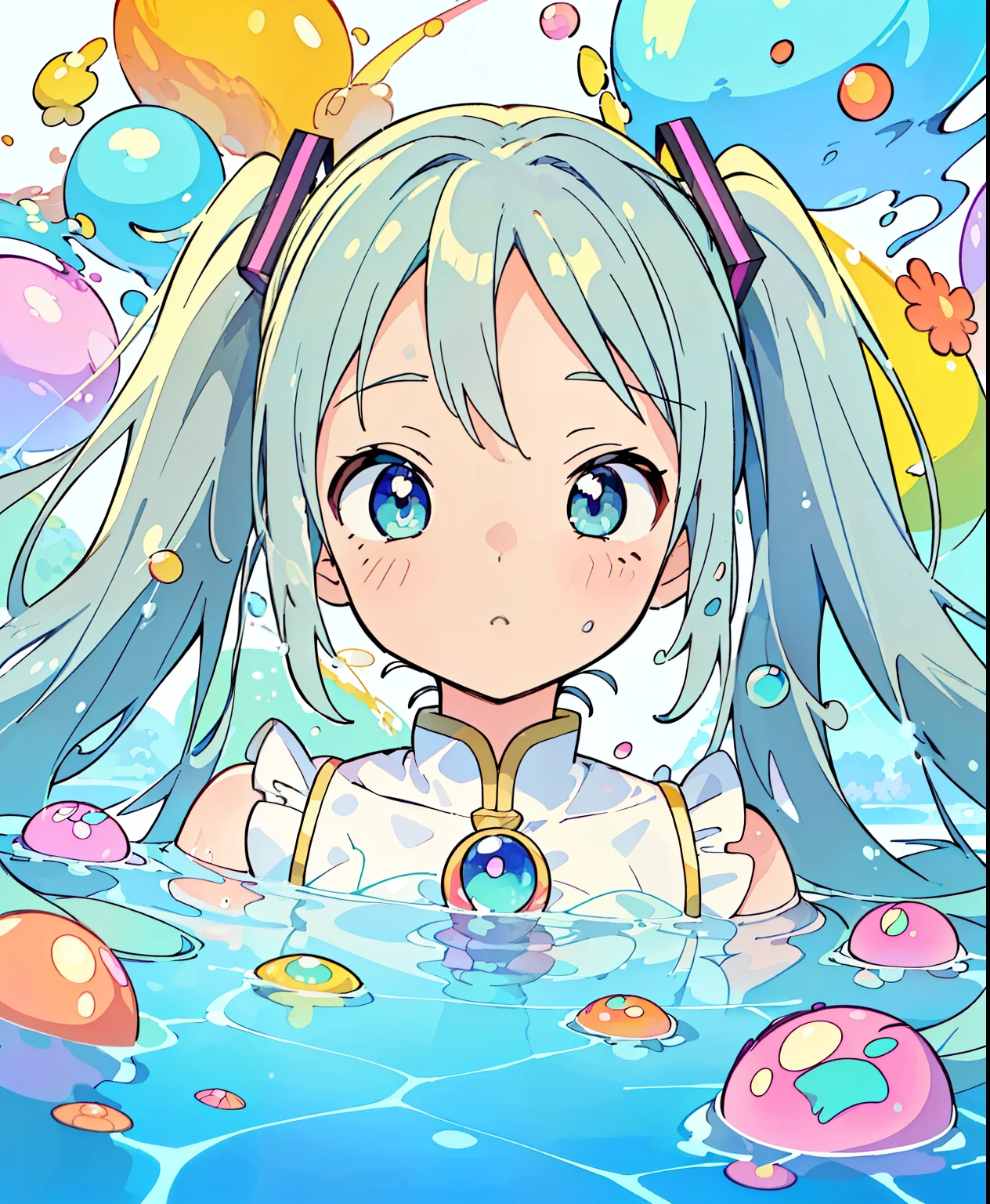 (Masterpiece、 best quality 、 best quality 、 Official Art、 beautiful and beautiful :1.2)、( one girl:1.3) Hatsune Miku、 twin tails,美しいchest, ((Masterpiece))),((( best quality ))),(( ultra detail )),( illustration),( dynamic angle ), ((floating)),(paint),(( dichevelle hair )), (Alone),( 1 girl), (( small_chest)), (((Detailed anime-style face ))),(( beautiful detailed faces)), color, shoulder out, Gray Hair, (( Colorful Hair )),(( model)), A beautiful eye in every detail ,(グラデーション colorの目),((( colorful eyes))), ((( colorful background ))),(((High saturation))),((( surrounded by colorful splashes of water ))),(((surrounded by colorful dot))), Colorful Bubbles ,((Shine))