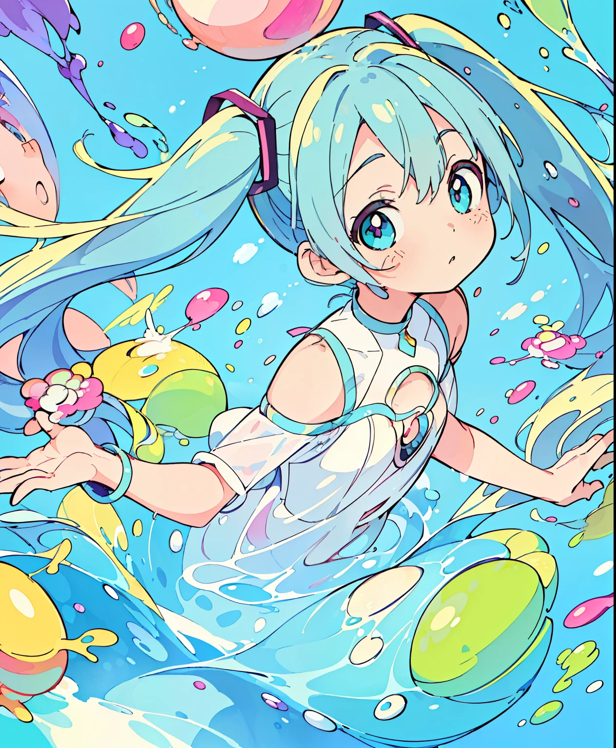 (Masterpiece、 best quality 、 best quality 、 Official Art、 beautiful and beautiful :1.2)、( one girl:1.3) Hatsune Miku、 twin tails,美しいchest, ((Masterpiece))),((( best quality ))),(( ultra detail )),( illustration),( dynamic angle ), ((floating)),(paint),(( dichevelle hair )), (Alone),( 1 girl), (( small_chest)), (((Detailed anime-style face ))),(( beautiful detailed faces)), color, shoulder out, Gray Hair, (( Colorful Hair )),(( model)), A beautiful eye in every detail ,(グラデーション colorの目),((( colorful eyes))), ((( colorful background ))),(((High saturation))),((( surrounded by colorful splashes of water ))),(((surrounded by colorful dot))), Colorful Bubbles ,((Shine))