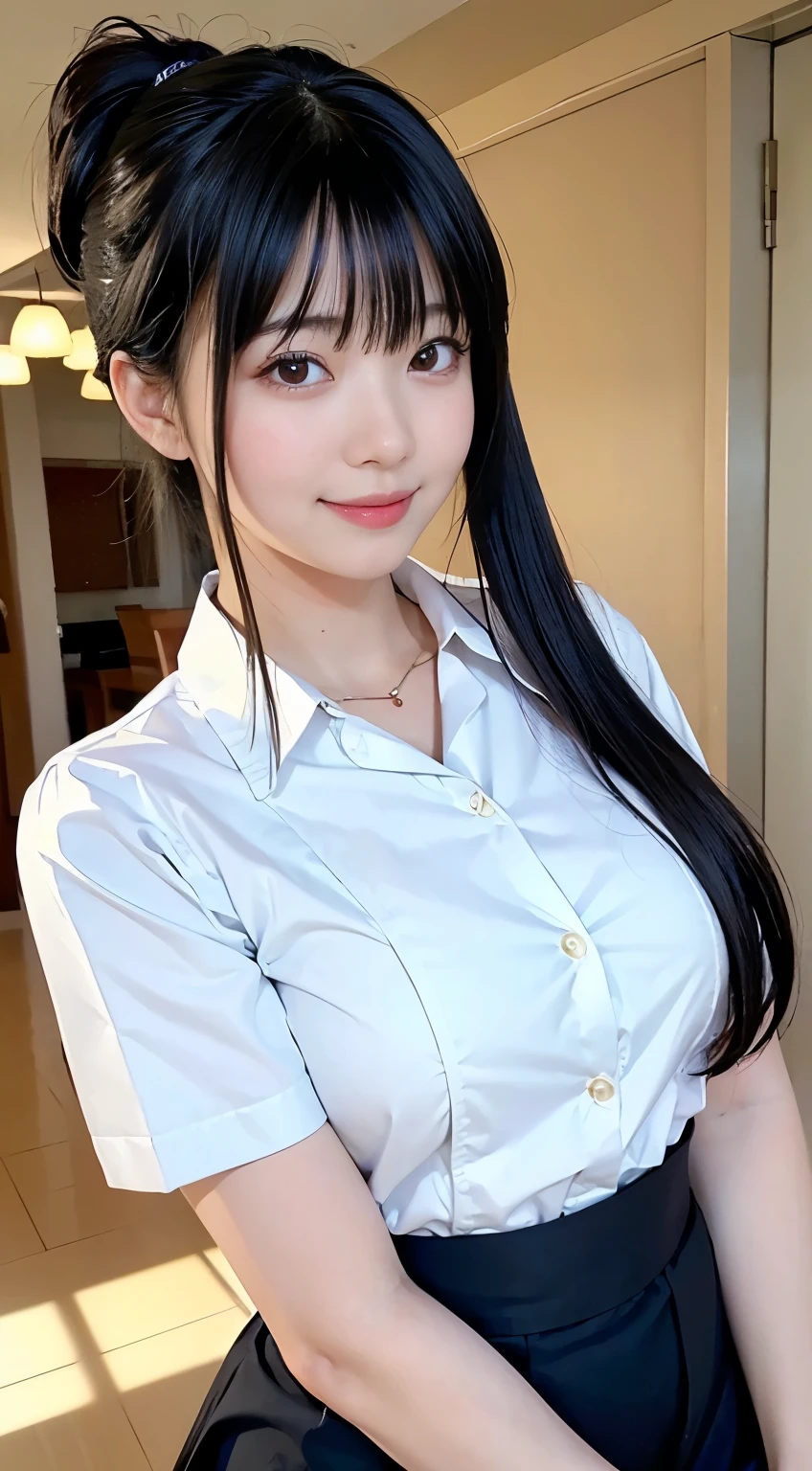 Arafed asian woman with long black hair wearing a white shirt and black ...