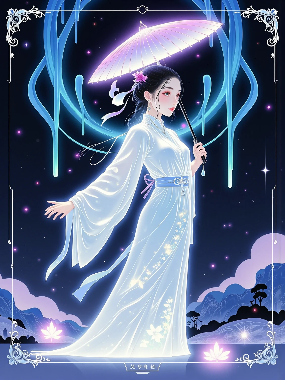  Magical World，( A girl trapped in a cosmic vortex nebula:1.5)， Render with the Cosmic Beach Vortex Engine ，( detailed facial features)，( beautiful facial features)， Ancient and Mysterious Castles ， Purple Stones ，Gemstone decoration， glowing plant ，Silver Creek，Colorful Clouds，Strange Creatures， Massive Magicians ，Rich collection of books，Magic fluctuations， crystal ball ，distant galaxy，Field of magic， Magicians Studying Magic ，(Glowing magic symbol)，Dreams，Time and space distortion，River of Light，(Magic Garden)， ultra wide angle lens ，Bottom View，Knee Shot(ks)，Full body shot(FLS)， high detail， high resolution ， Ultra High Definition，meticulous， ultra-realistic，Volumetric Light，Spectacular， ambient light ，Light Pollution，Movie atmosphere， Art Nouveau ，Illustration by SenseiJaye， intricate details ， Rococo style ， cool tones， Gothic Hues ， bright color ，High contrast tones