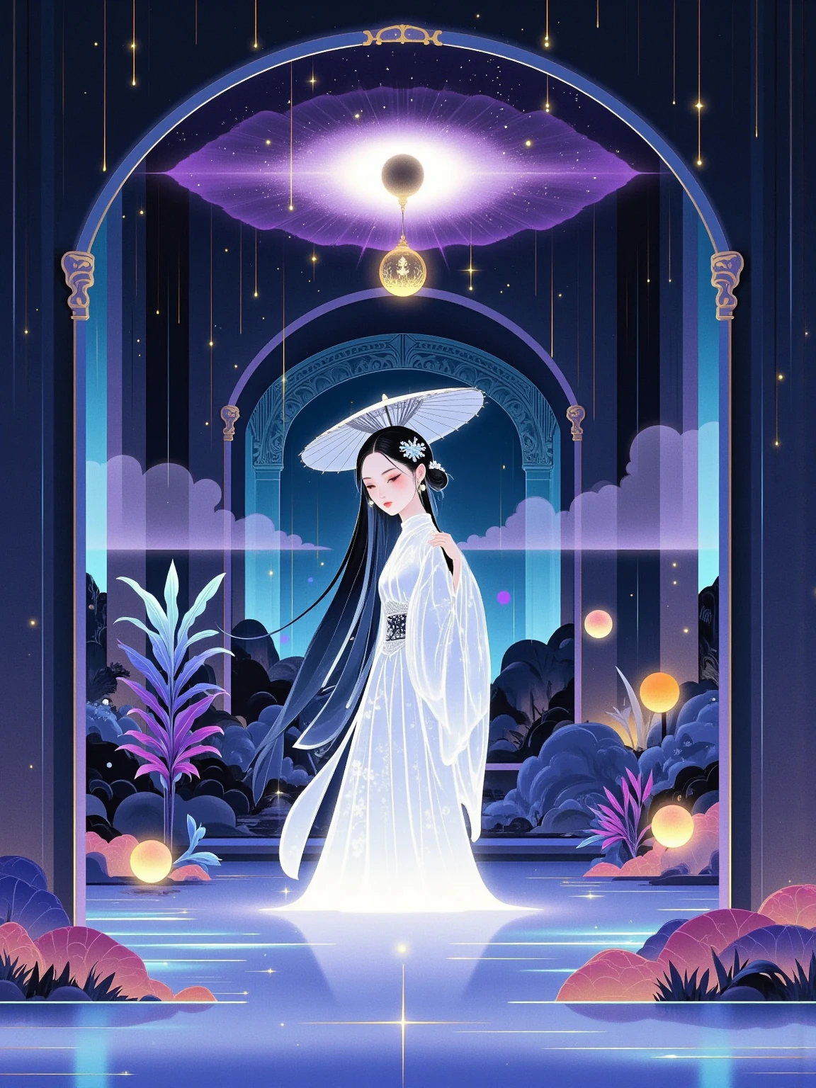  Magical World，( A girl trapped in a cosmic vortex nebula:1.5)， Render with the Cosmic Beach Vortex Engine ，( detailed facial features)，( beautiful facial features)， Ancient and Mysterious Castles ， Purple Stones ，Gemstone decoration， glowing plant ，Silver Creek，Colorful Clouds，Strange Creatures， Massive Magicians ，Rich collection of books，Magic fluctuations， crystal ball ，distant galaxy，Field of magic， Magicians Studying Magic ，(Glowing magic symbol)，Dreams，Time and space distortion，River of Light，(Magic Garden)， ultra wide angle lens ，Bottom View，Knee Shot(ks)，Full body shot(FLS)， high detail， high resolution ， Ultra High Definition，meticulous， ultra-realistic，Volumetric Light，Spectacular， ambient light ，Light Pollution，Movie atmosphere， Art Nouveau ，Illustration by SenseiJaye， intricate details ， Rococo style ， cool tones， Gothic Hues ， bright color ，High contrast tones